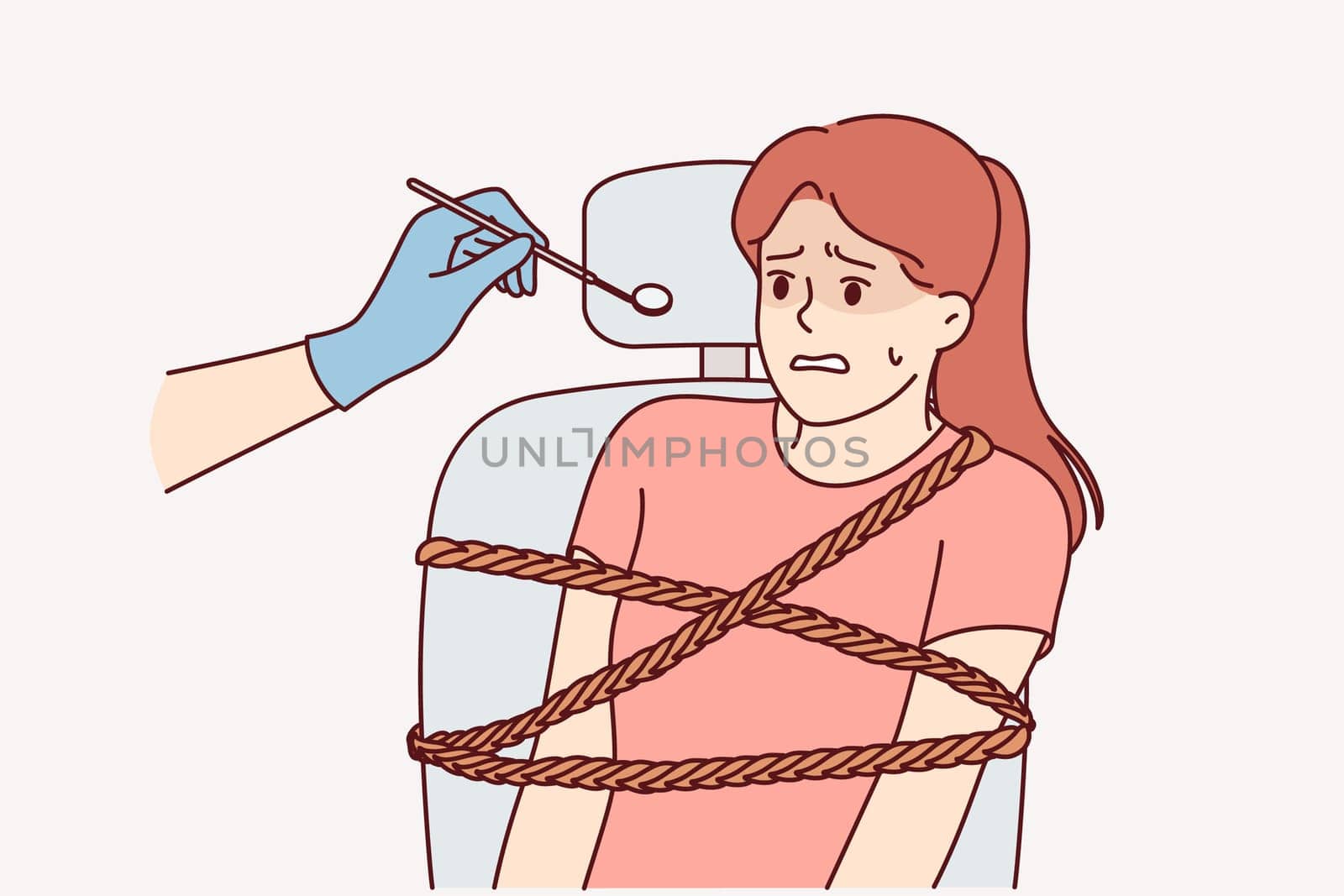 Woman is afraid of dentist and feels panic, sitting tied to chair for examining patients in dental clinic. Girl experiences dentaphobia, and fear of treating caries or visiting dentist