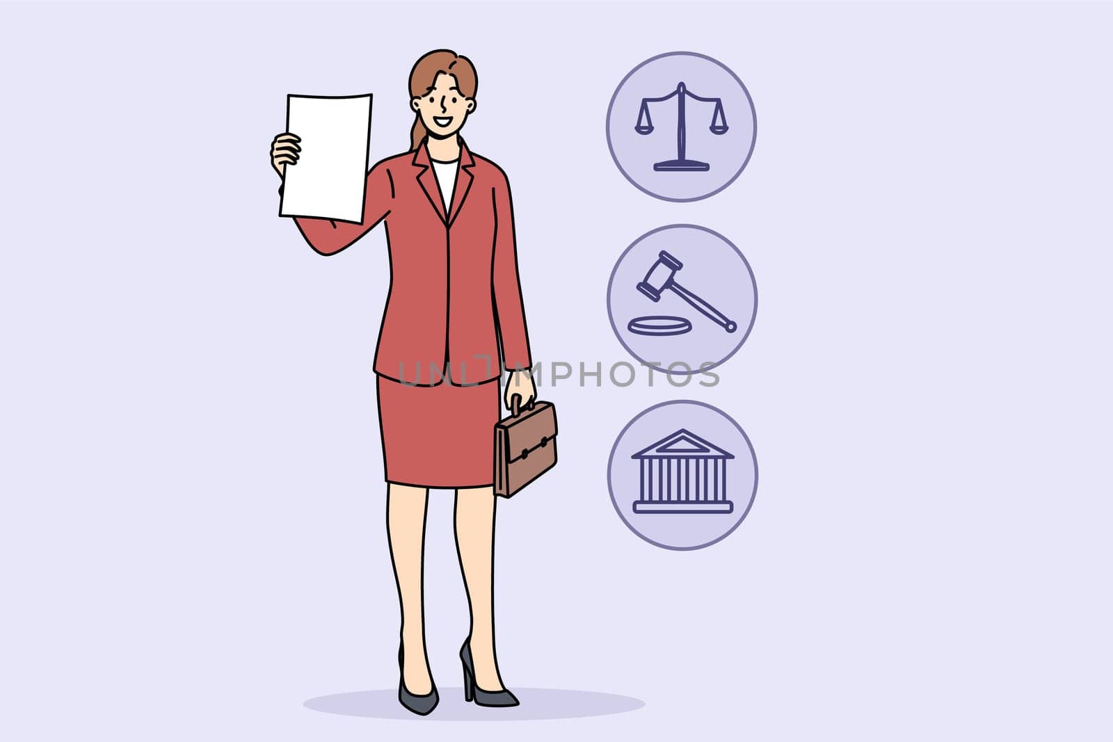 Woman lawyer demonstrates court decision on absence of claims against client, standing near legal symbols. Girl corporate lawyer with smile shows contract or permission received from ministry justice