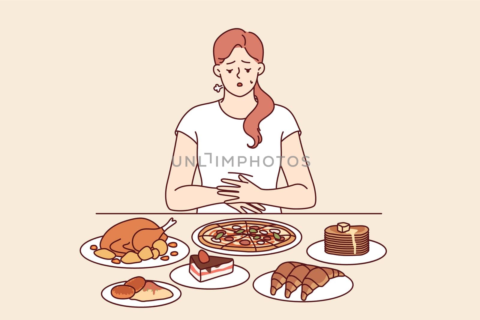 Problem of overeating in woman sitting at table with fast food, and in need of balanced diet. Girl feels heaviness in stomach due to regular overeating, which causes deterioration of immune system.