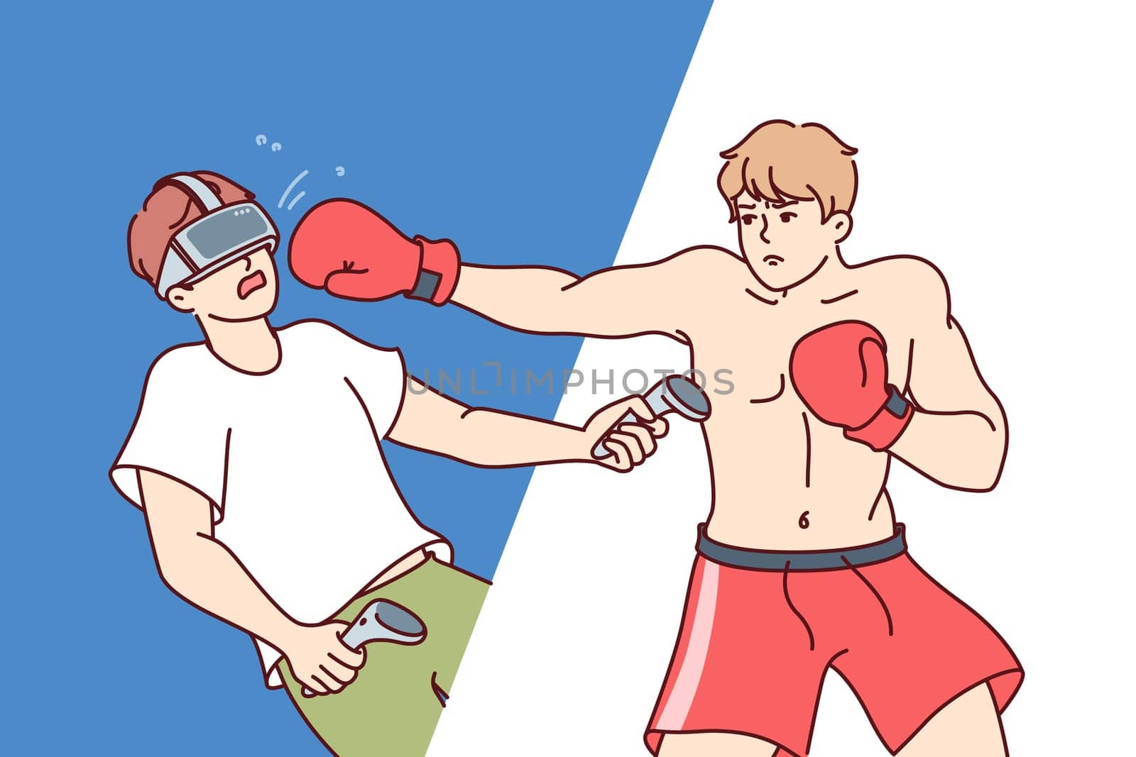 Man became boxer thanks to VR helmet and control joysticks that allow to immerse himself in virtual reality. Virtual simulator of boxer match with complete immersion in atmosphere sports competition