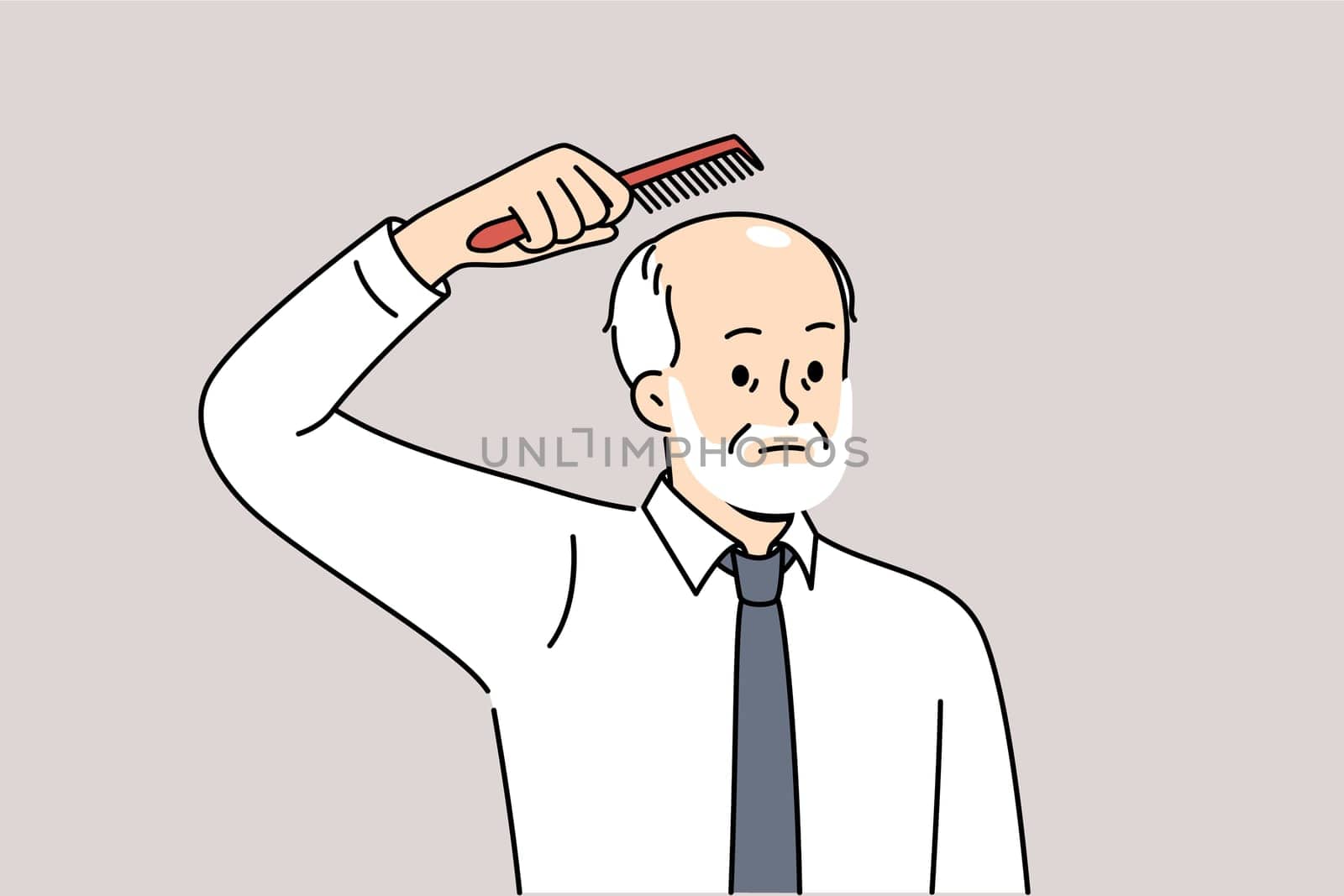 Elderly balding man holds comb over head, upset about hair loss due to old age. Balding businessman in white shirt and tie is thinking of hair transplant operation on forehead and occiput