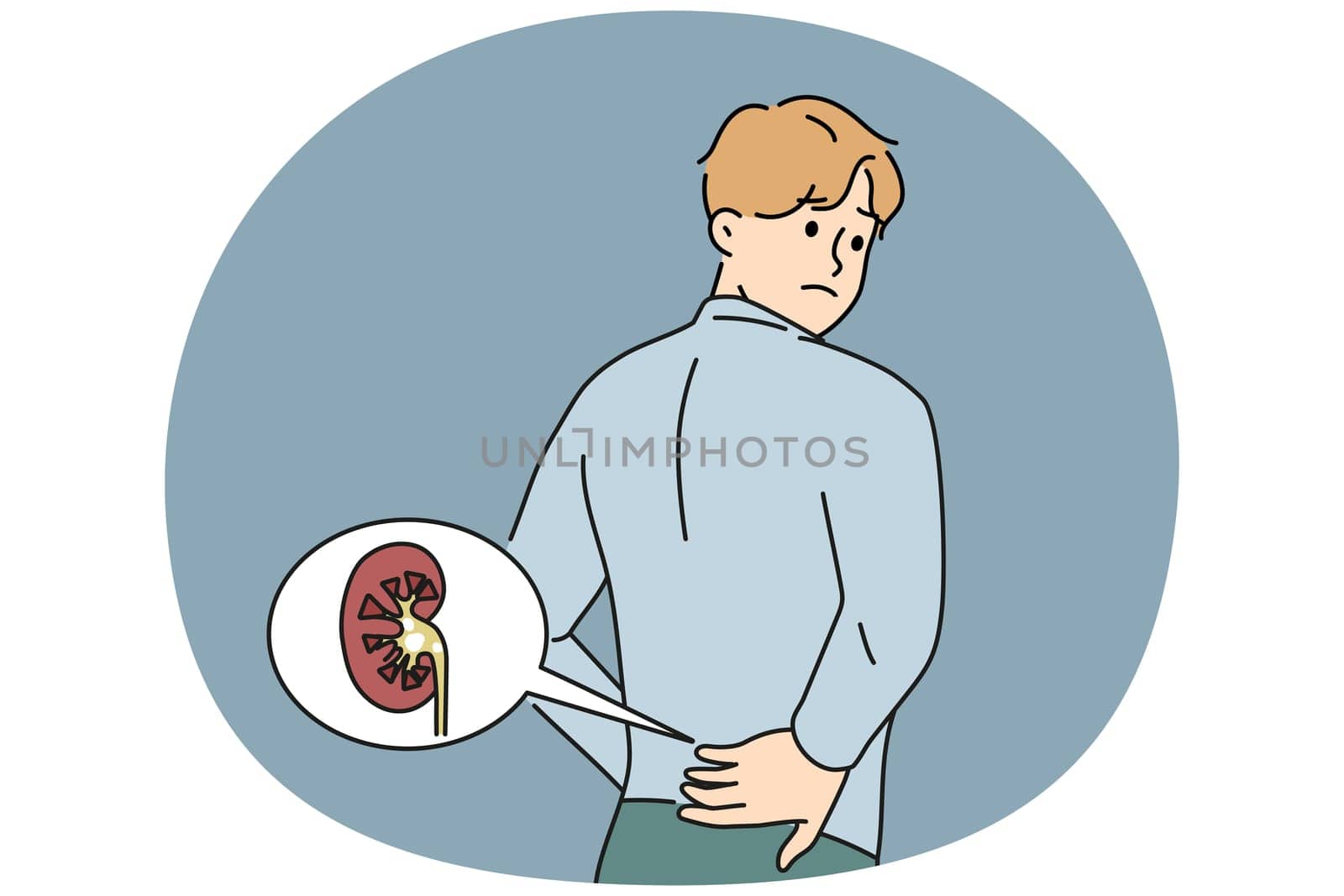 Unwell man touch back suffer from kidney pain having stones in body organ. Unhealthy guy struggle with backache from kidney. Vector illustration.