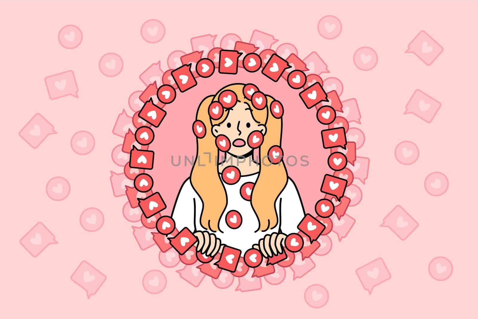 Little girl is frightened by overabundance of positive reactions and responses from subscribers to online blog. Concept of children addiction to social networks with subscribers and messengers