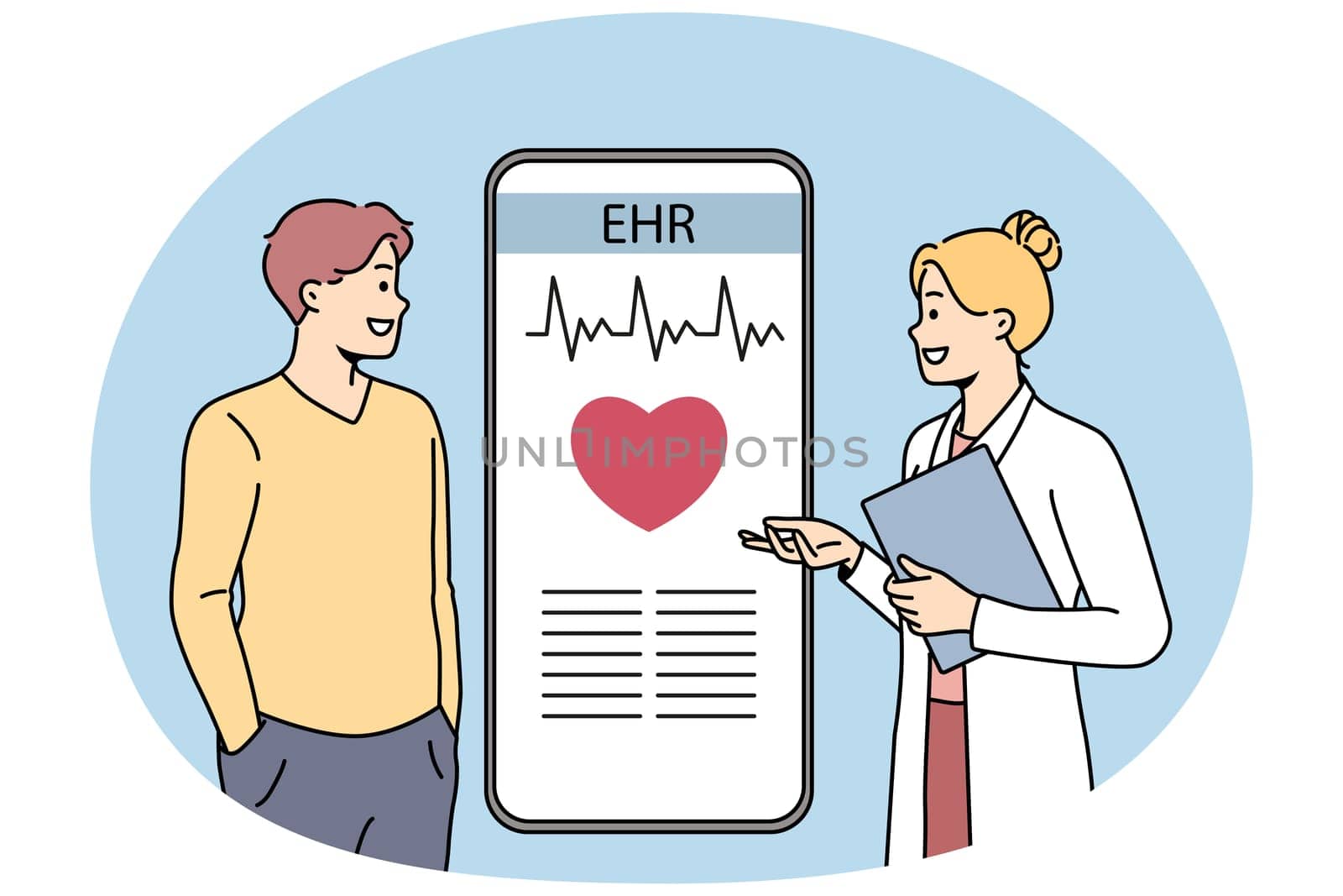 Doctor in medical uniform consult patient about EHR on cellphone screen. Female cardiologist have consultation with man about heart rate and cardiovascular disease. Vector.