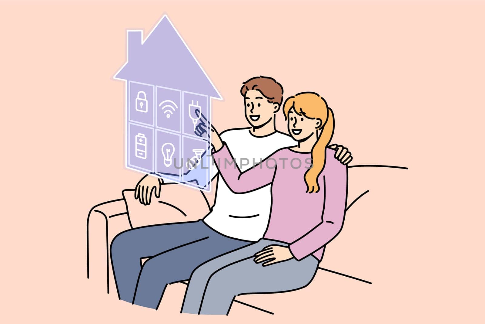 Smart home technology helps men and women control iot equipment without leaving couch. Young couple uses smart home system to manage electrical devices connected to wi-fi or save energy resources