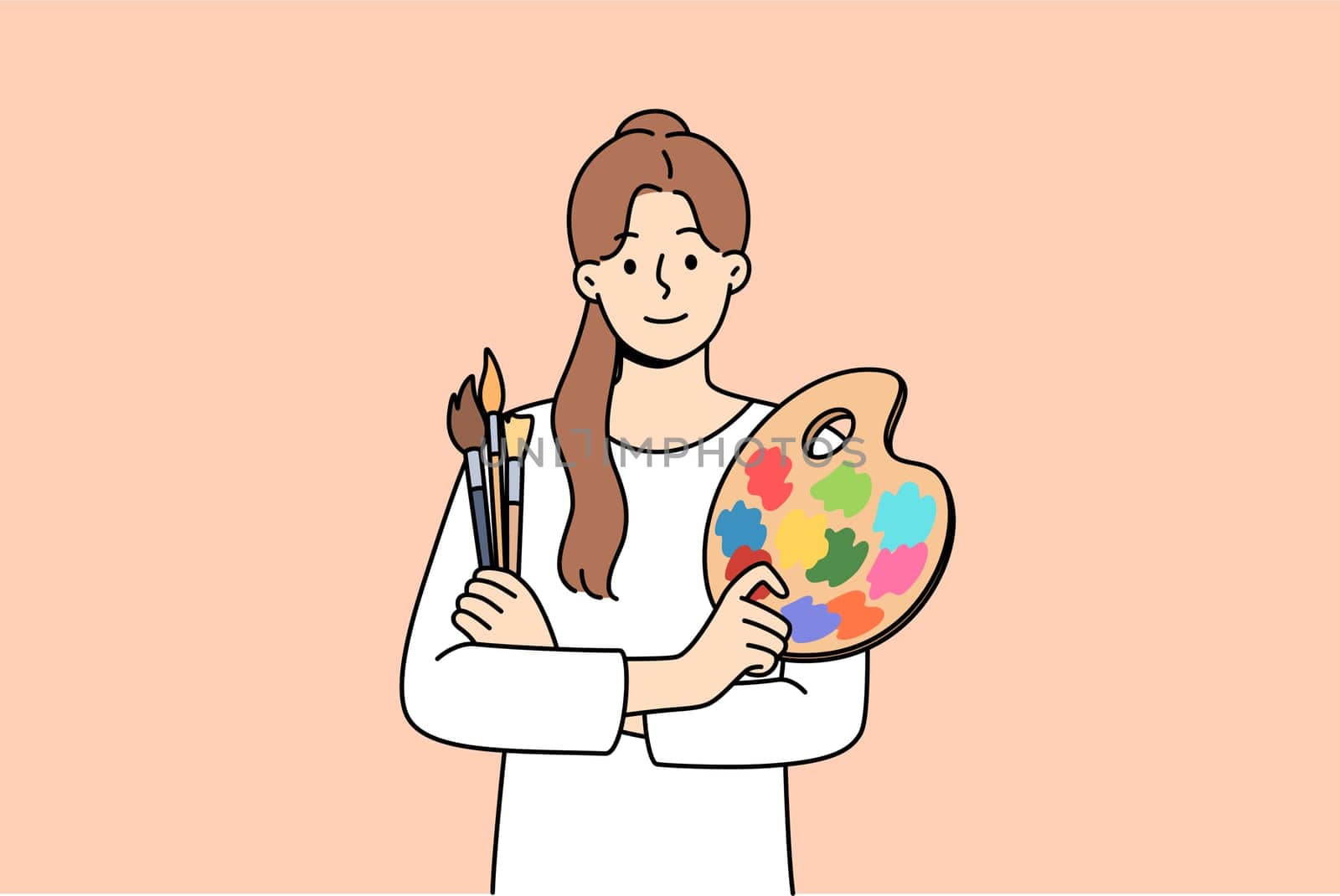 Woman artist holds brushes for painting and palette for mixing watercolor paints. Portrait of beautiful artist girl who is interested in creative hobby and wants to exhibit in art gallery