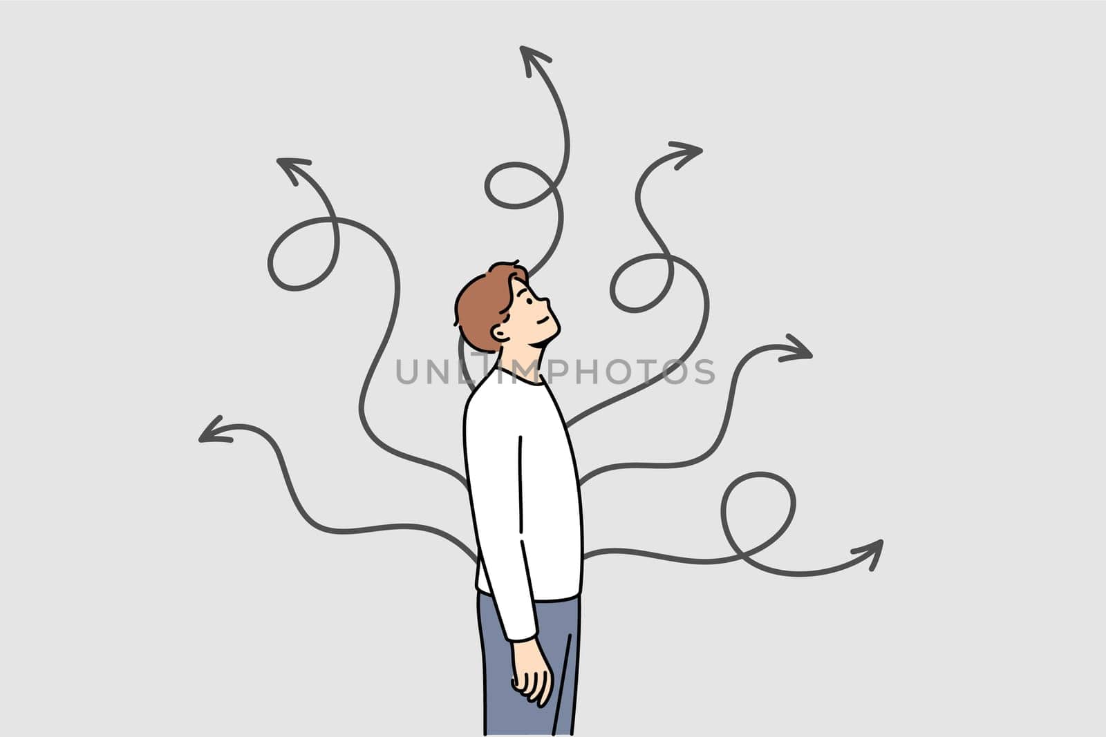 Man chooses way to solve situation, standing near arrows pointing in different directions. Young guy chooses right solution from several options, wanting to find most effective route