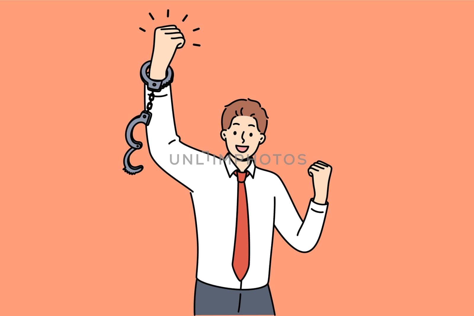Business man feels joy after being fired from job with bonded working conditions, joyfully waving handcuffed hands. Successful guy celebrates being fired from unloved company with bad bosses