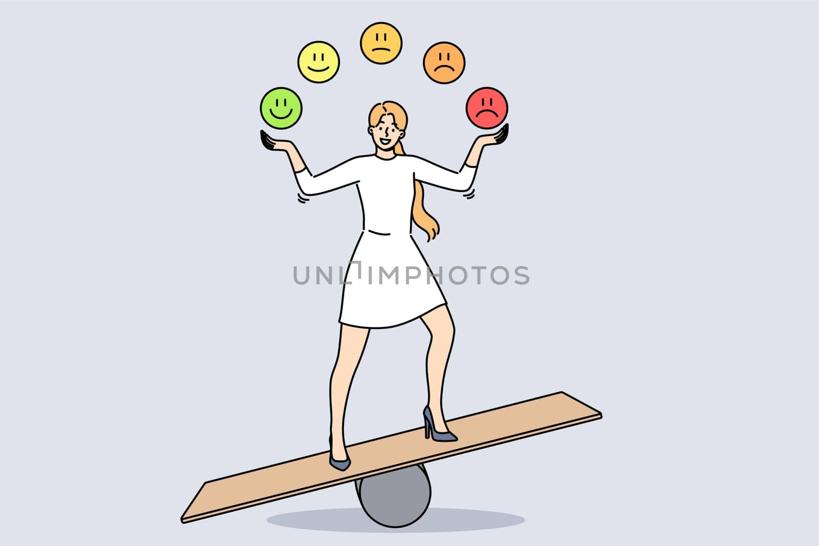 Woman balances and demonstrates power of self-cantation to achieve emotional health by throwing up different emojis. Girl standing on swing demonstrates importance of self-control for successful life.