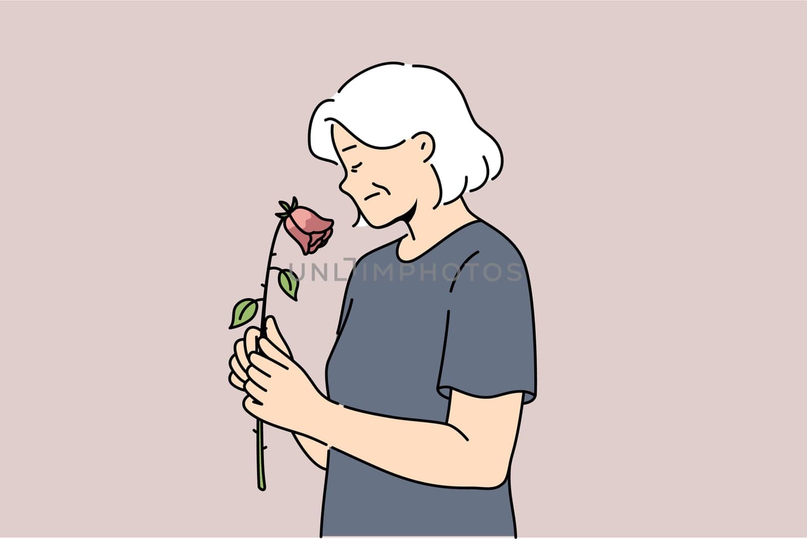 Elderly woman feels fading and weakening health or approach of death, holds withered rose. Widow experiences apathy due to age fading, for concept of aging and importance moral support for retirees