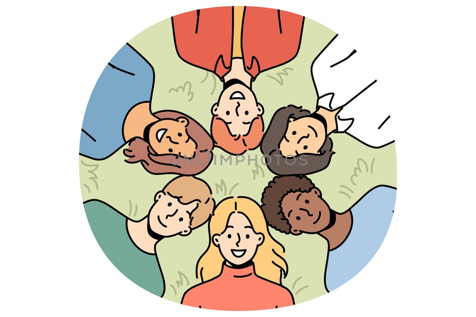 Upward view of smiling diverse people hug and relax together in summer park. Happy men and women rest in nature landscape. Friendship and relaxation. Vector illustration.