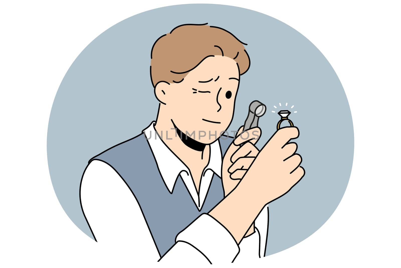 Male jeweler with magnifier look at gem. Gemmologist evaluate precious stone with magnifying glass. Jewelry concept. Vector illustration.