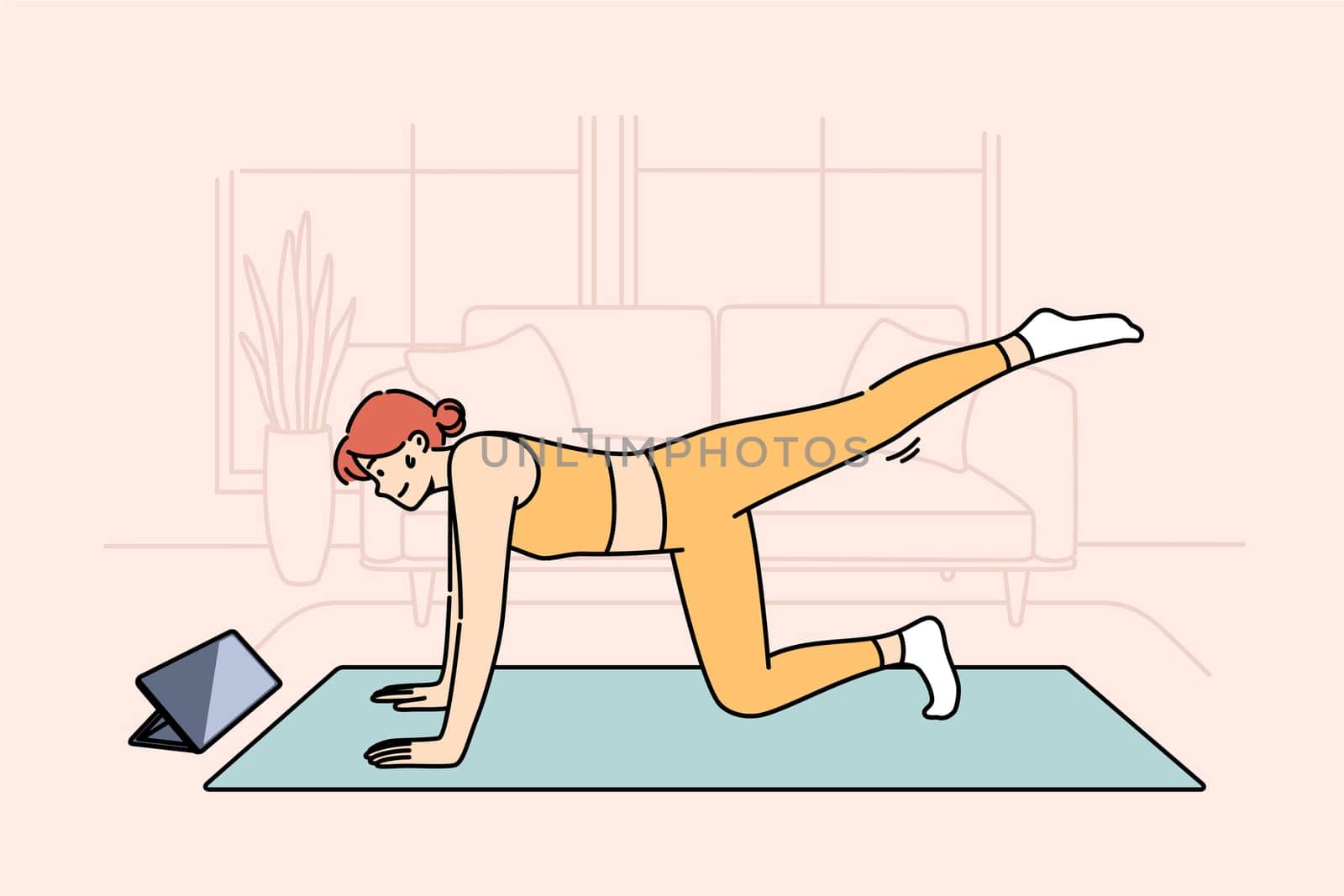 Woman doing fitness watching online lesson from trainer, doing stretching on sports mat in living room. Girl is interested in fitness and health-improving gymnastics, thanks to webinars from internet.