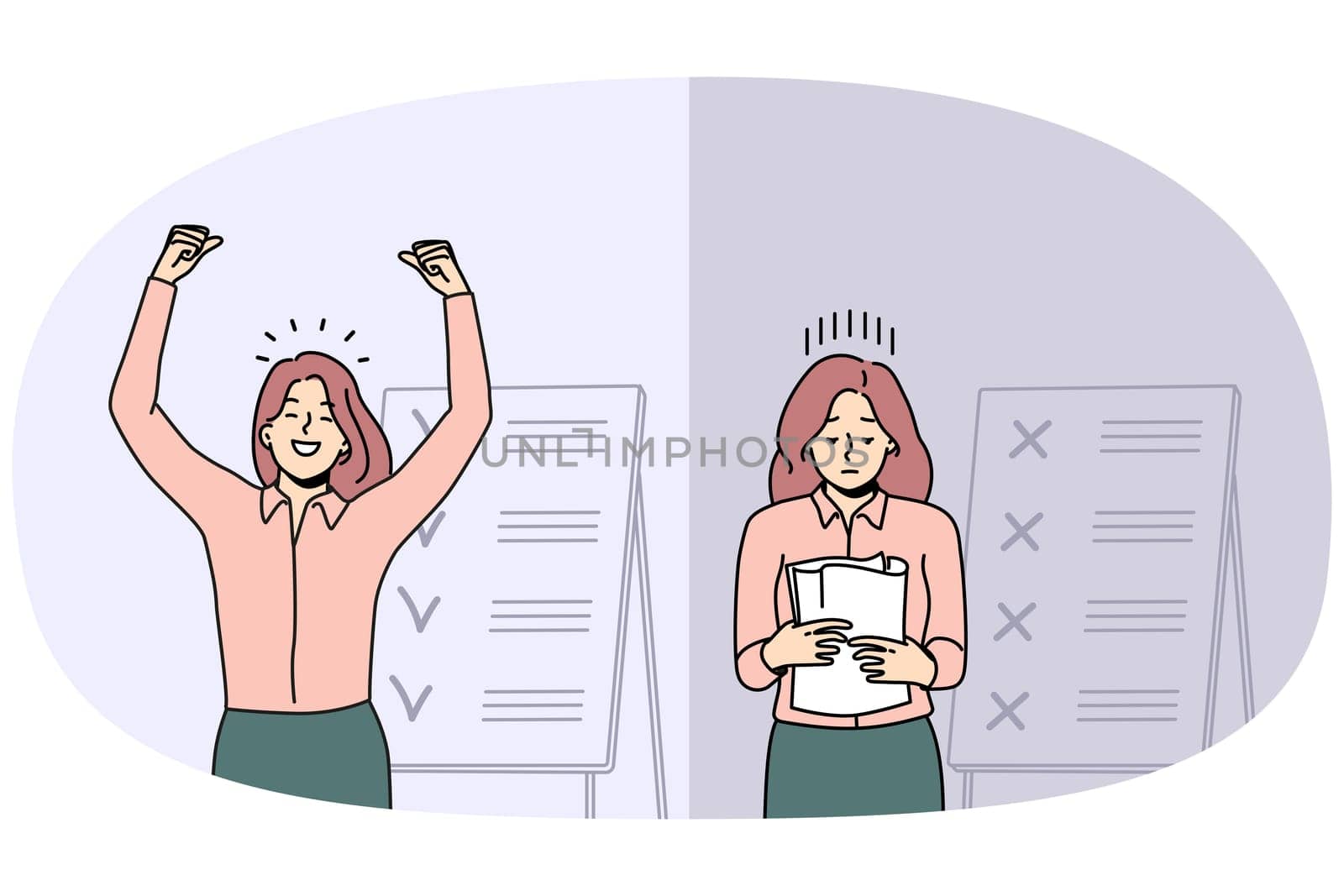 Comparison of woman with unfinished and finished work tasks. Failed and successful female employee with plans and list on board. Vector illustration.