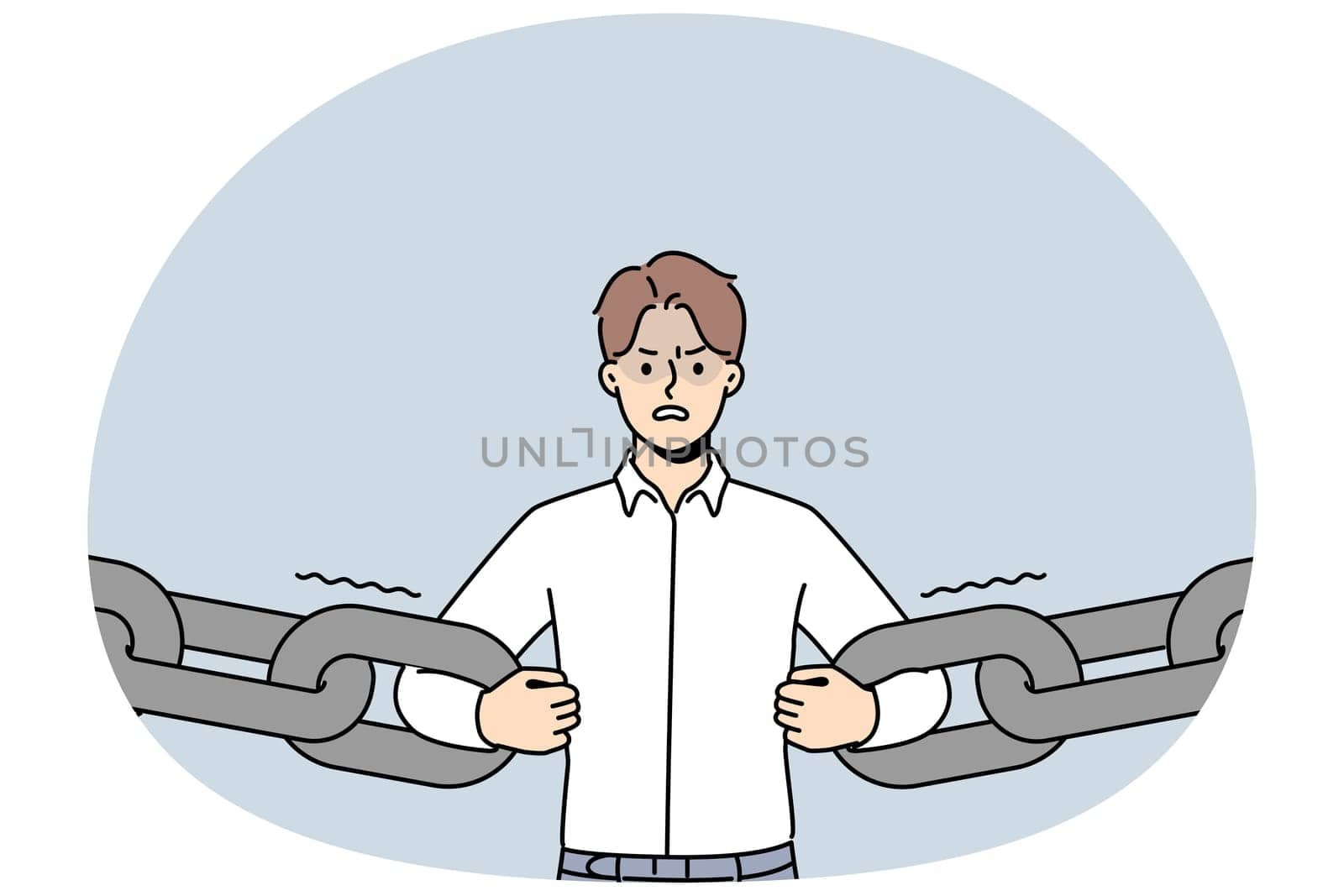 Confident decisive businessman break chain get free from credit or bank loan. Angry male employee holding chain receive freedom from financial slavery. Vector illustration.