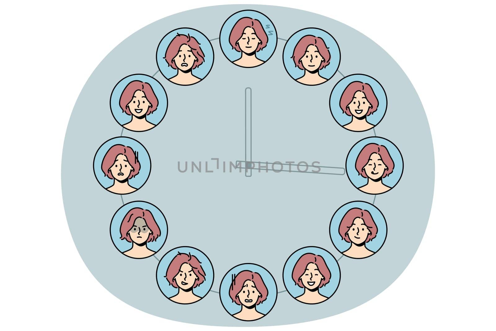 Set of woman with different emotions on huge clock. Collection of emotion and facial expression change during day. Vector illustration.