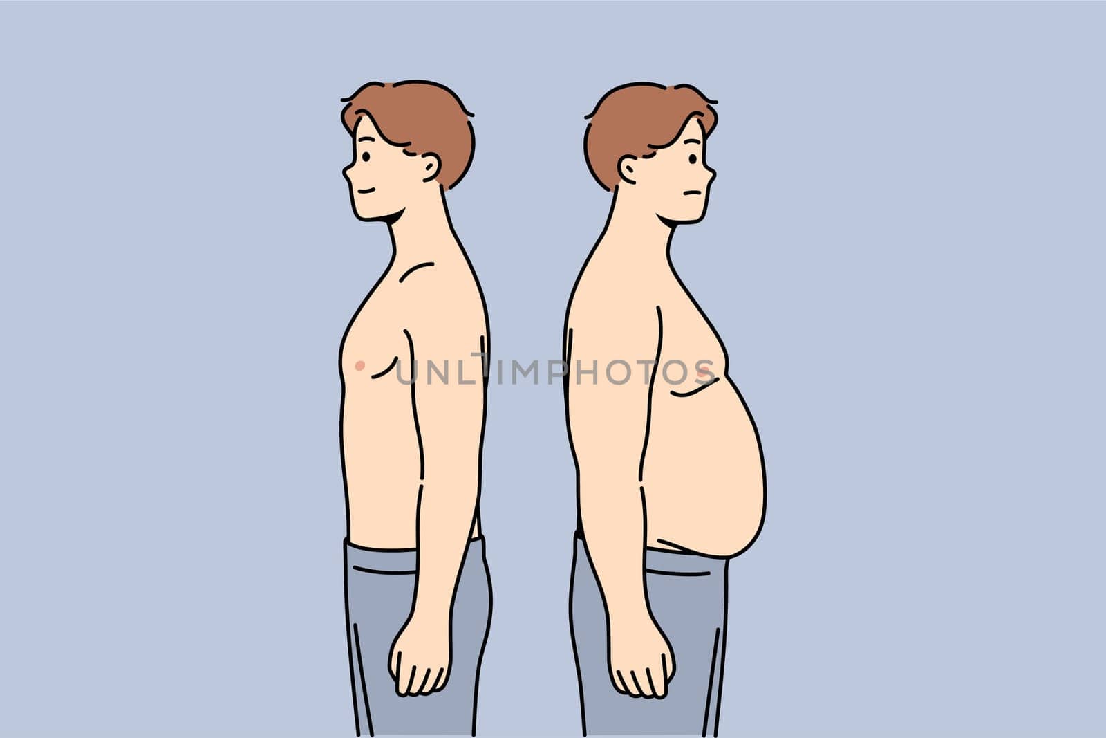 Thin and fat men stand side by side demonstrating changes in figures after eating fast food or working sedentary jobs. Fat guy has problems with excess weight caused by hormonal imbalance in body