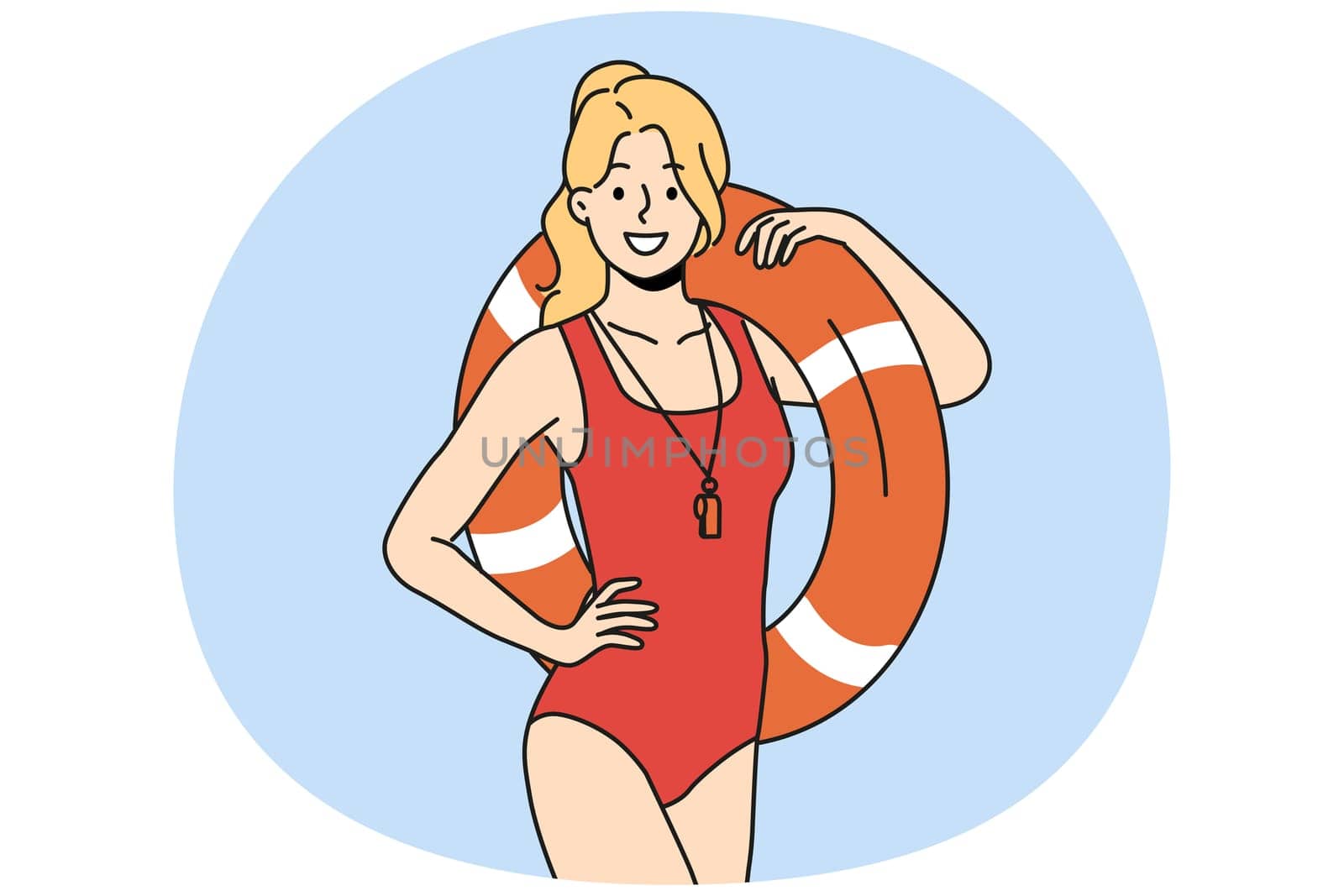 Smiling woman lifeguard in swimsuit posing with inflatable ring. Happy female guard in swimwear with lifebuoy. Vector illustration.