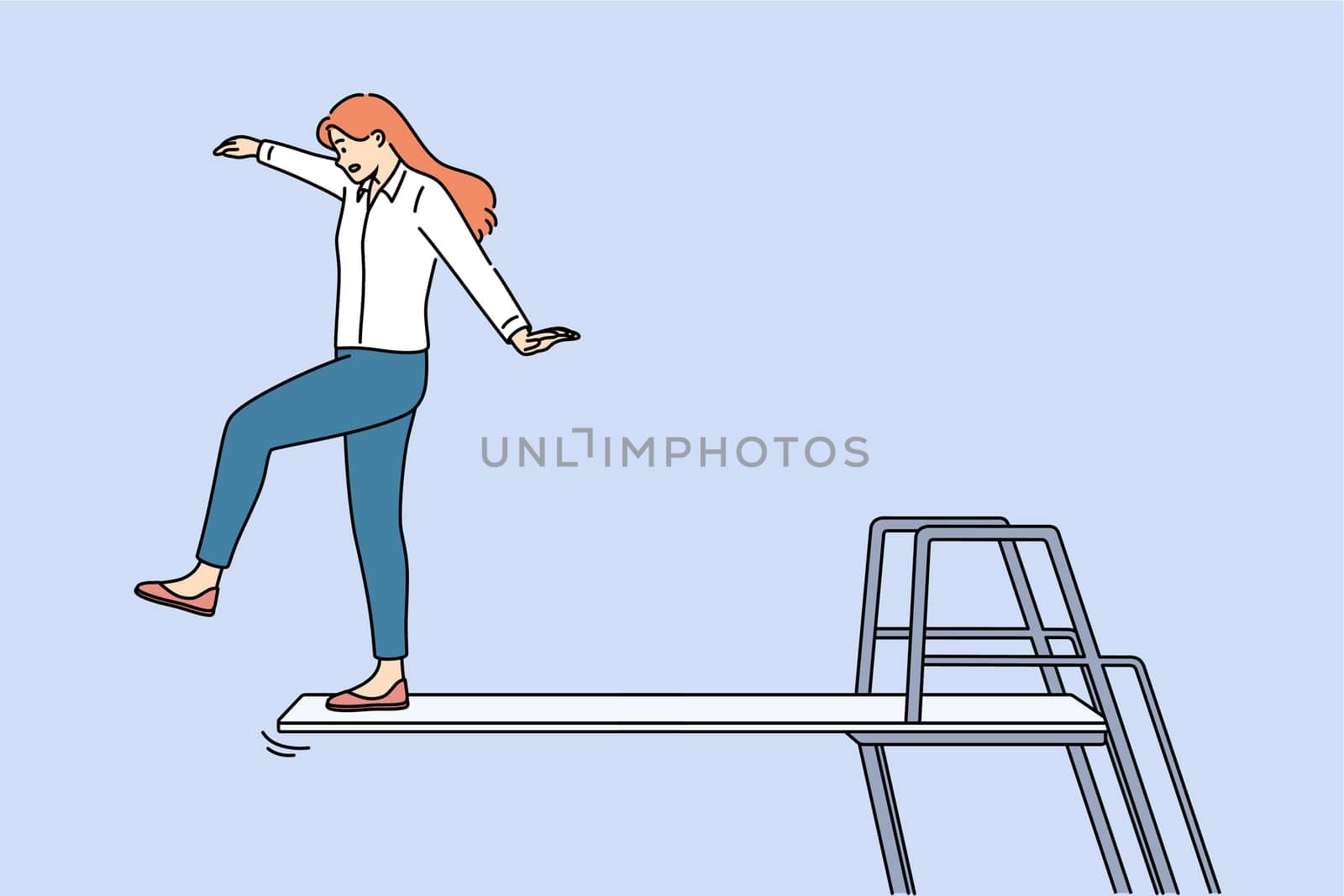 Business woman takes risky action and goes on venture to achieve goal, standing on springboard. Concept of professional venture that can lead to career growth or dismissal and bankruptcy