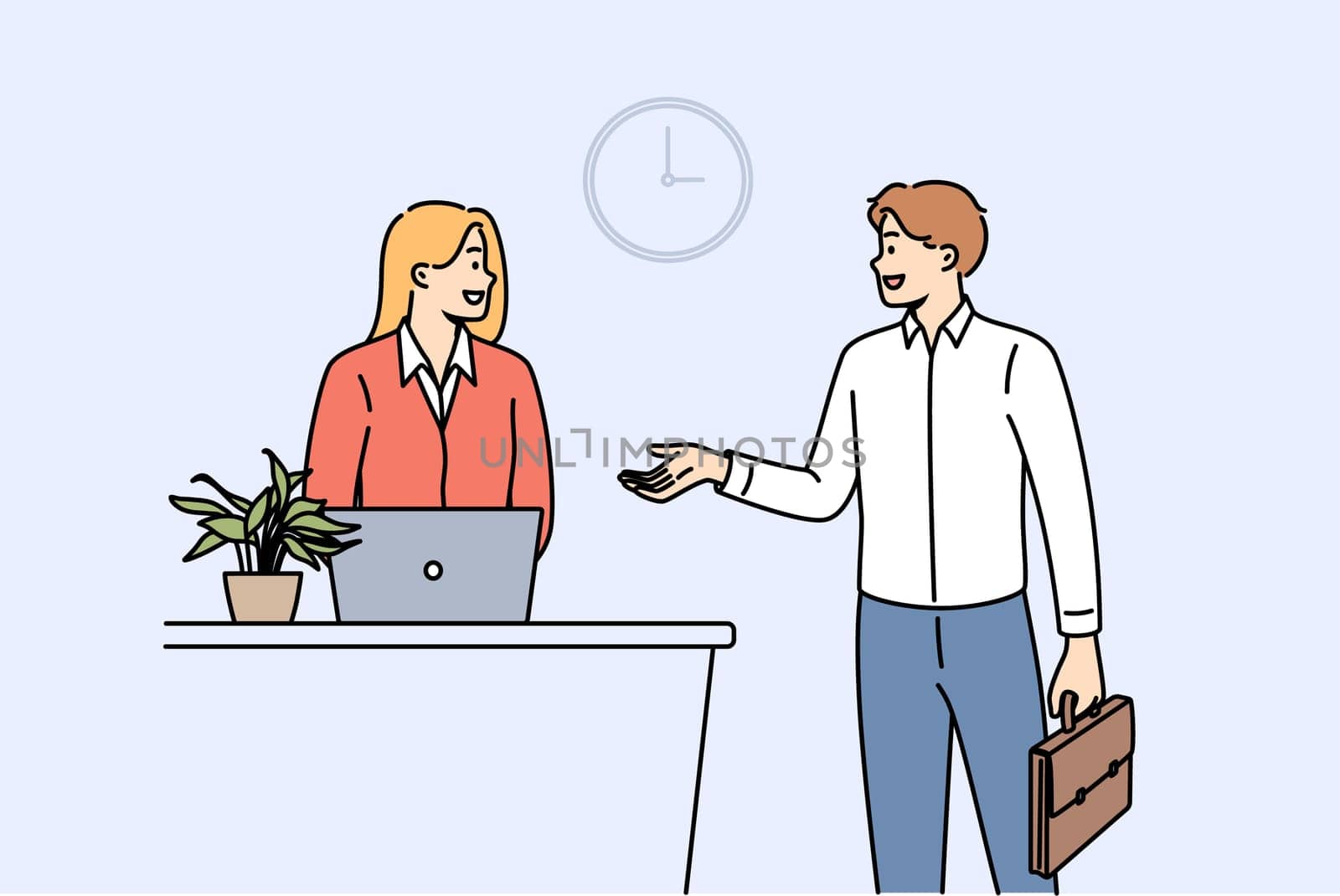 Man rents hotel room talking to administrator standing near reception desk with laptop. Successful businessman checks into hotel during corporate trip to attend professional seminar.