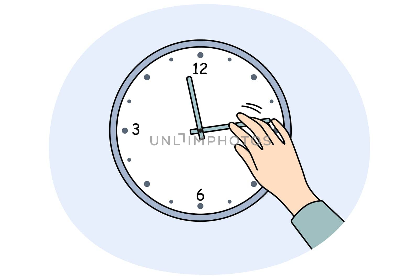Closeup of person changing time on clock hanging on wall. Man or woman change hands of clock. Time management and planning. Vector illustration.