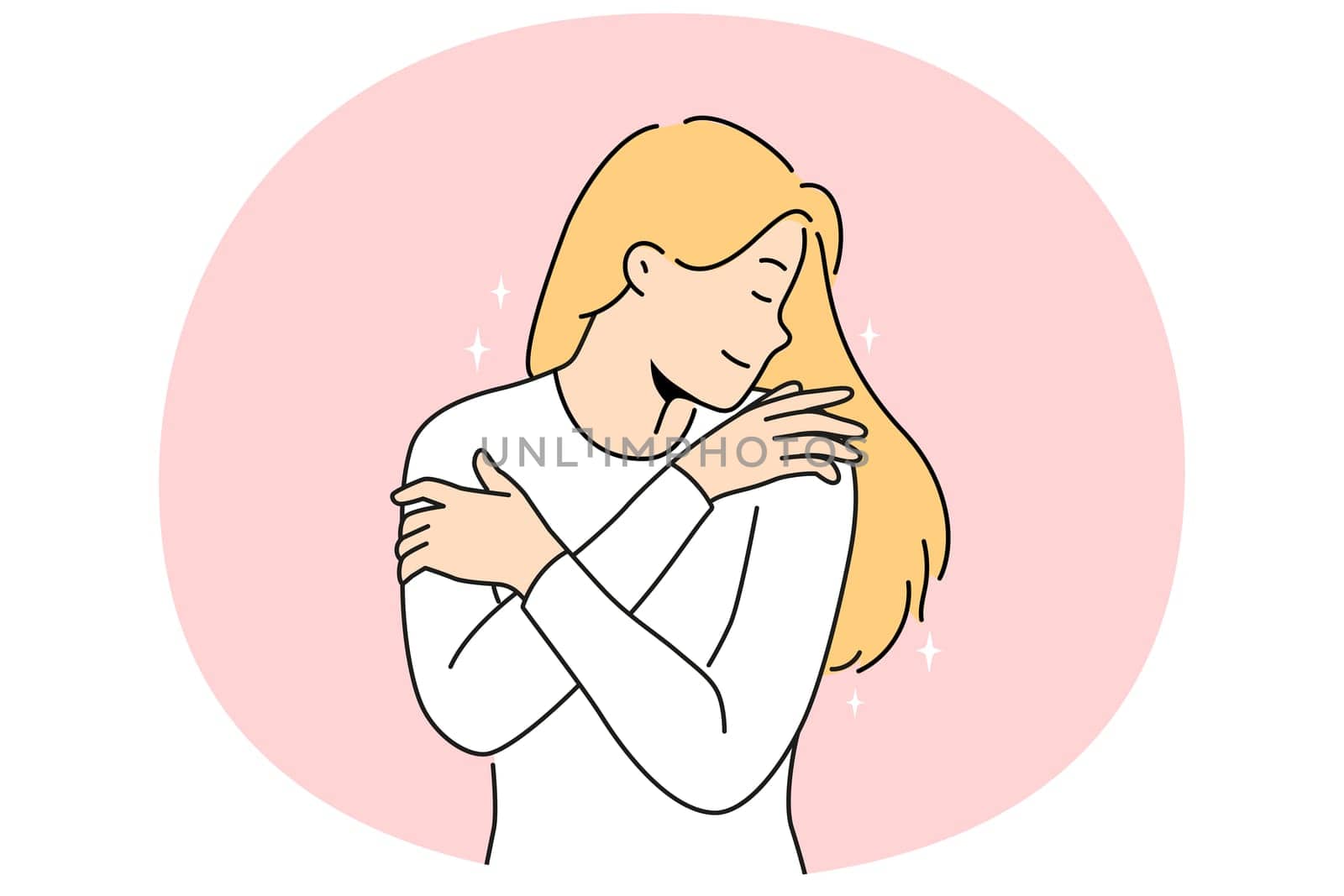 Happy woman hug herself showing selflove and selfcare. Smiling girl embrace body feeling confident and overjoyed. Vector illustration.