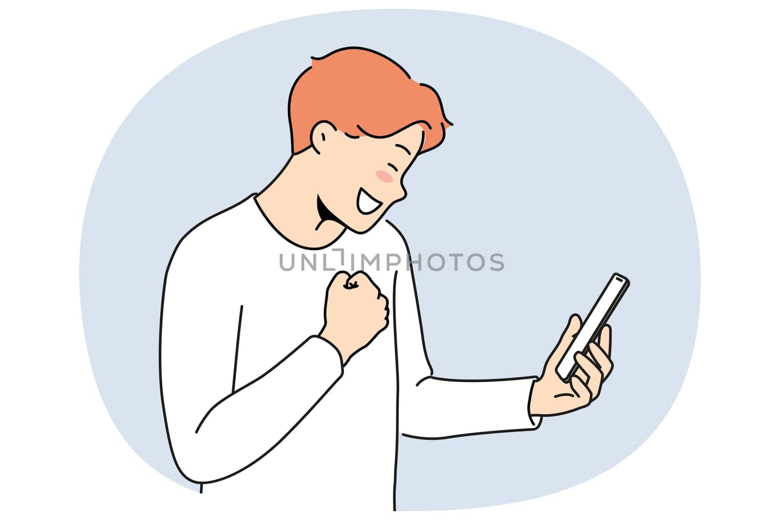 Overjoyed man look at cellphone screen read good message or text. Smiling guy celebrate online win or victory on smartphone. Vector illustration.