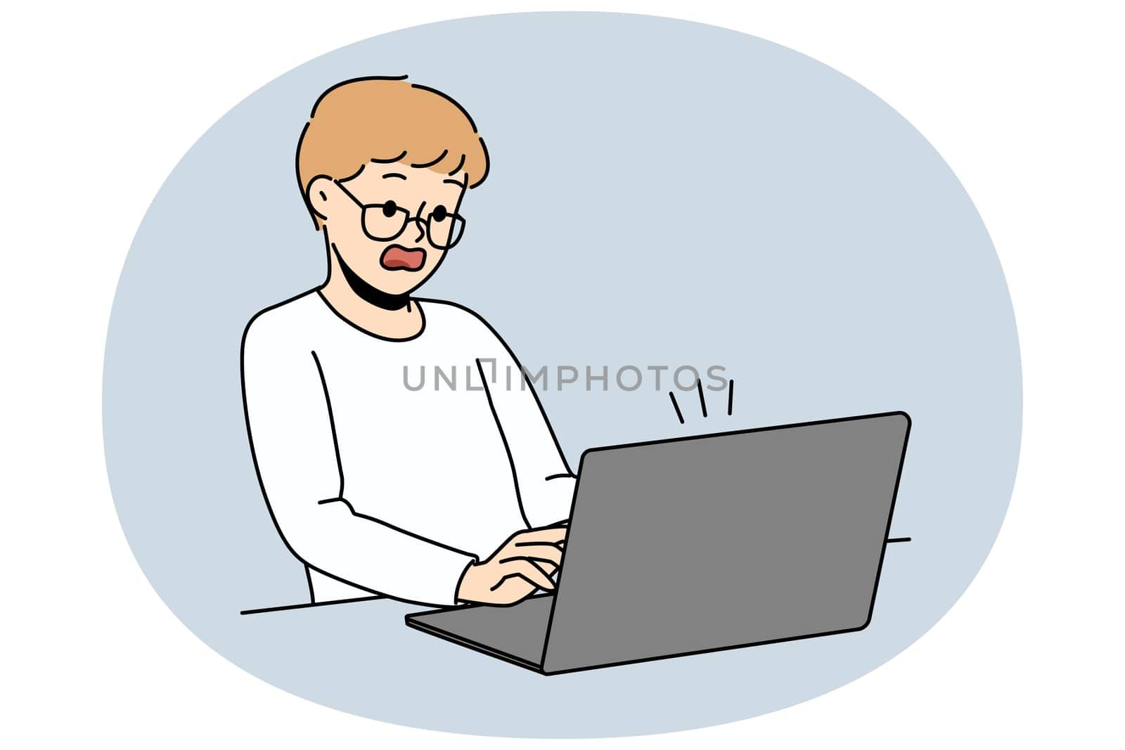 Stunned little boy look at computer screen shocked with information on gadget. Amazed child surprised and frustrated with data and message on laptop. Vector illustration.