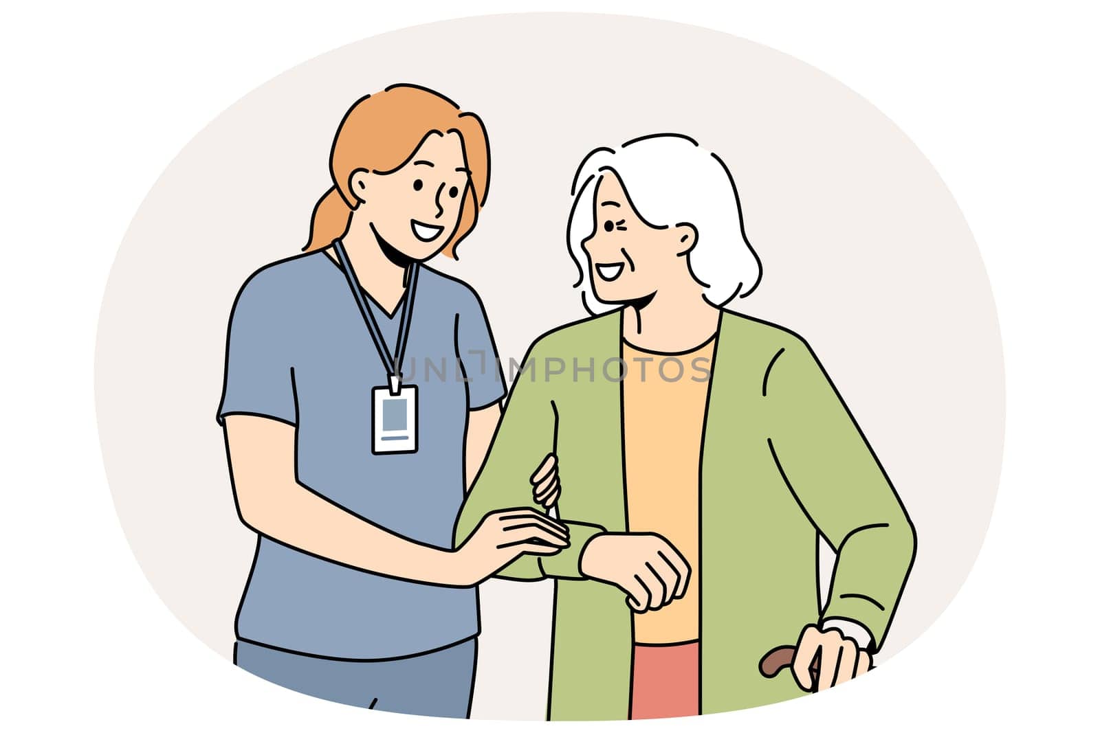 Smiling female caregiver help mature woman with walking. Happy nurse in uniform assist elderly grandmother with walking stick. Vector illustration.