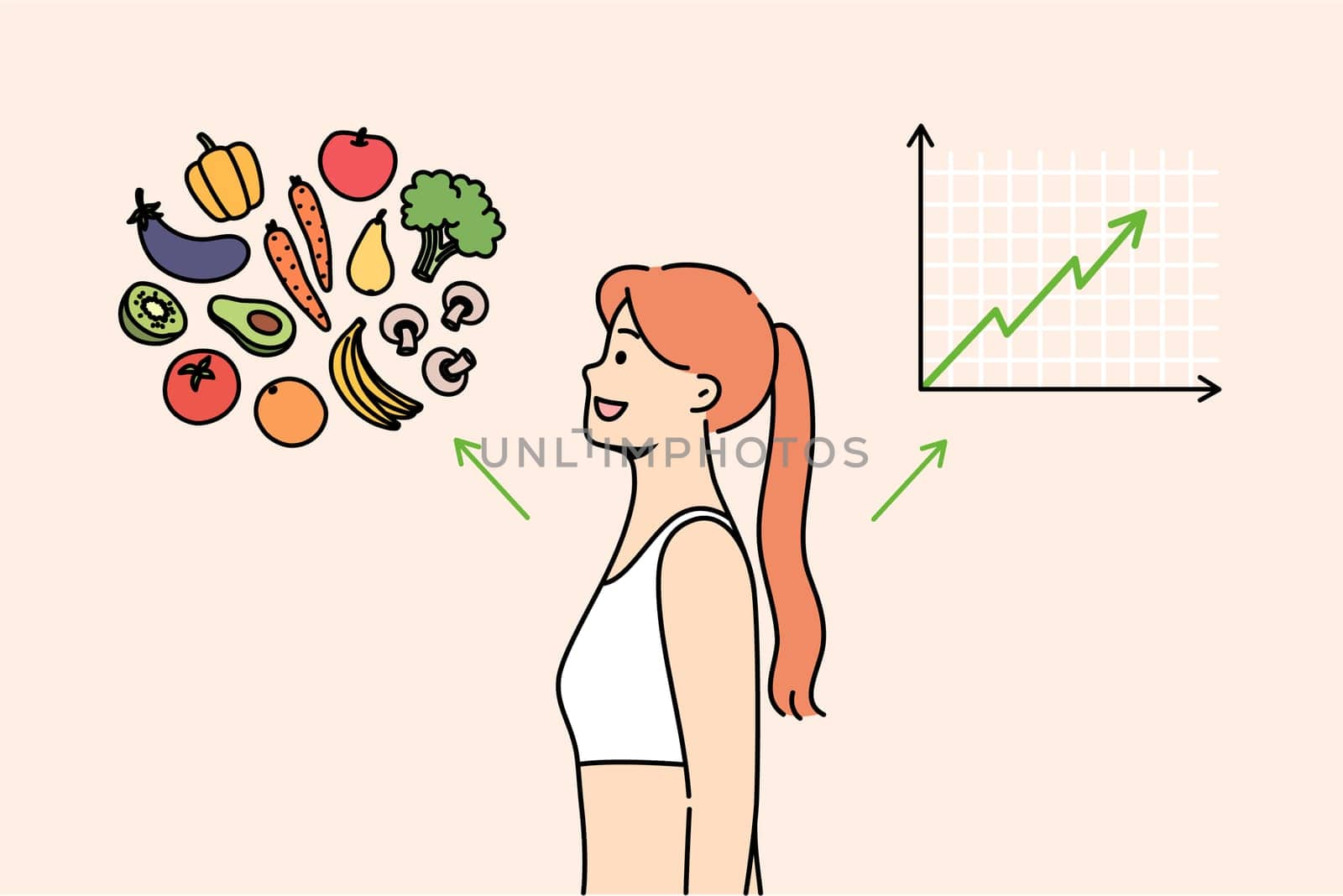 Woman switched to balanced diet feels improved immunity, stands near vegetables and increasing graph. Concept importance of proper nutrition to avoid diseases and appearance of cellulite