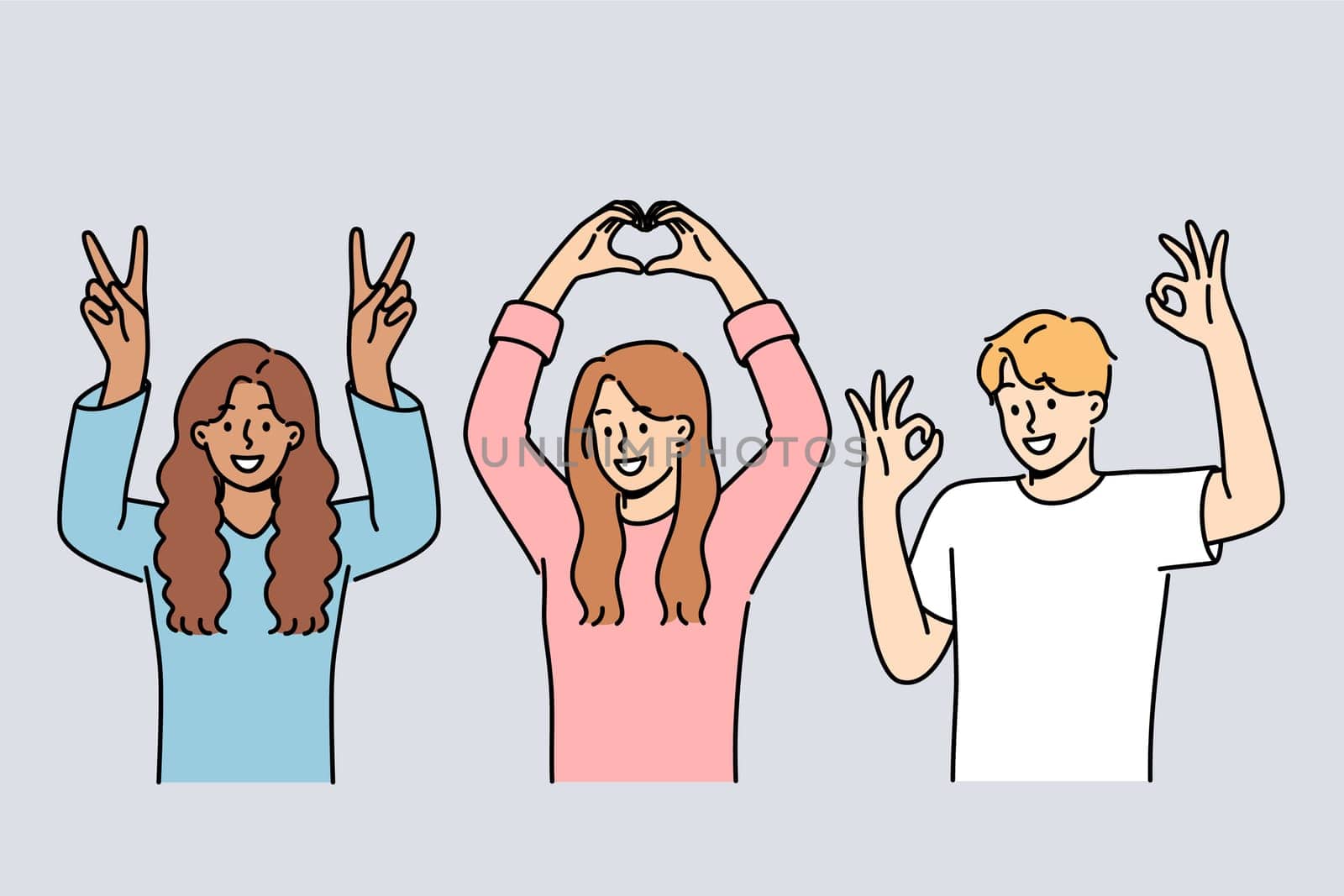 Multiethnic people students smiling showing approval gestures and raising hands up. Happy guy and two students girls rejoice at having multiracial friends and lack of discrimination in society