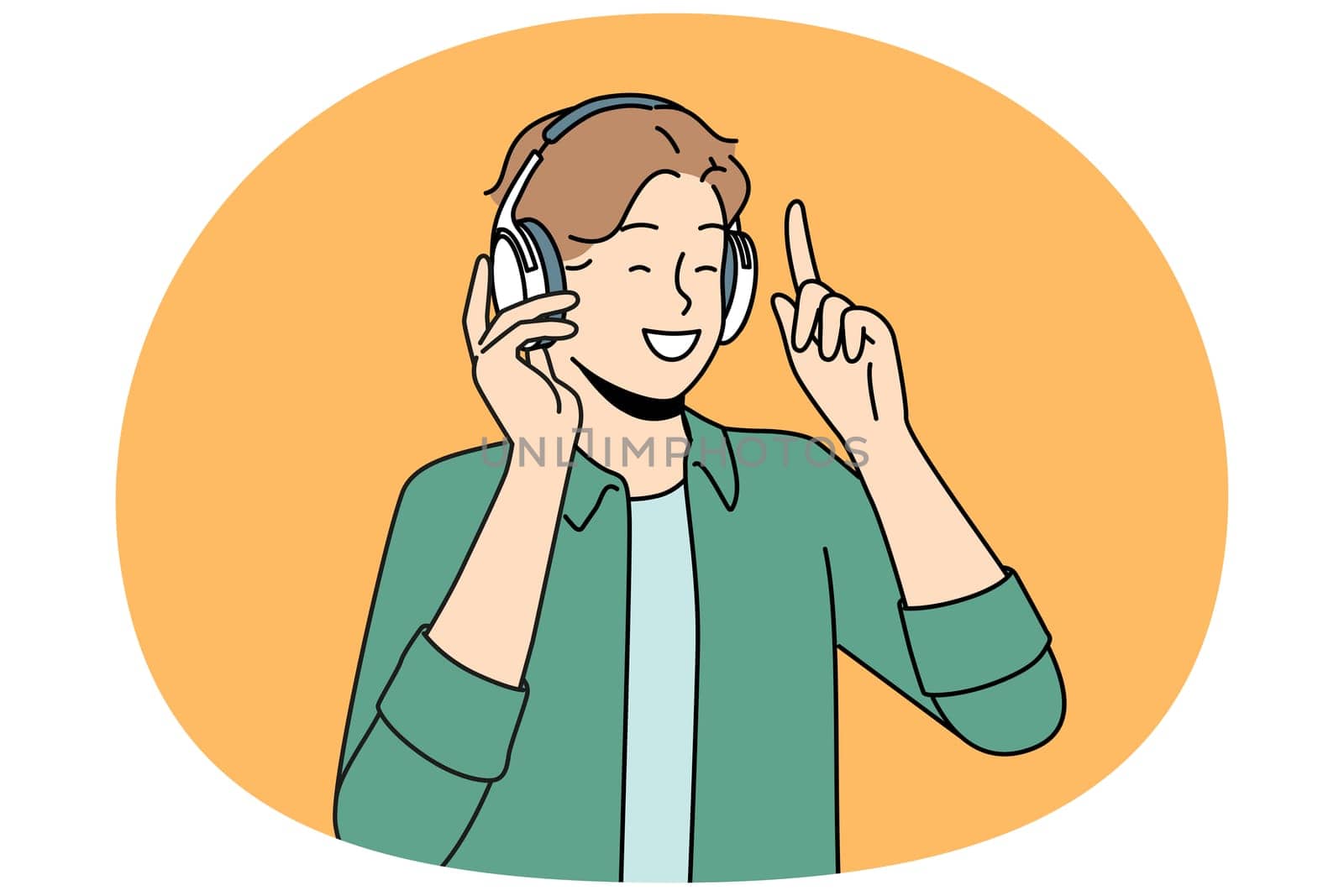 Overjoyed man in wireless headphones listen to music. Smiling guy in earphones have fun enjoying good quality sound. Vector illustration.
