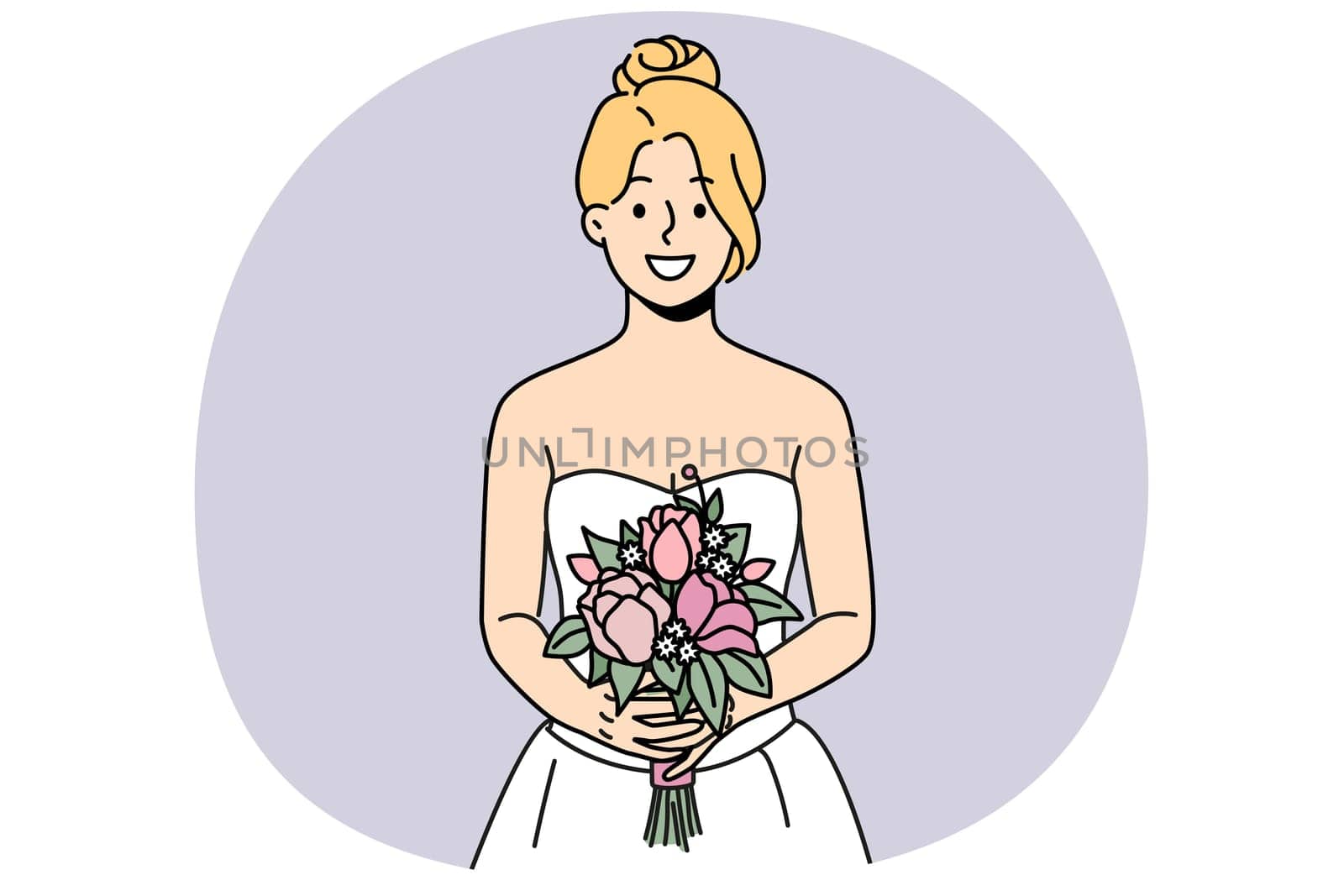 Smiling woman in wedding dress holding flowers before marriage ceremony. Happy bride in gown with bouquet enjoy celebration. Vector illustration.