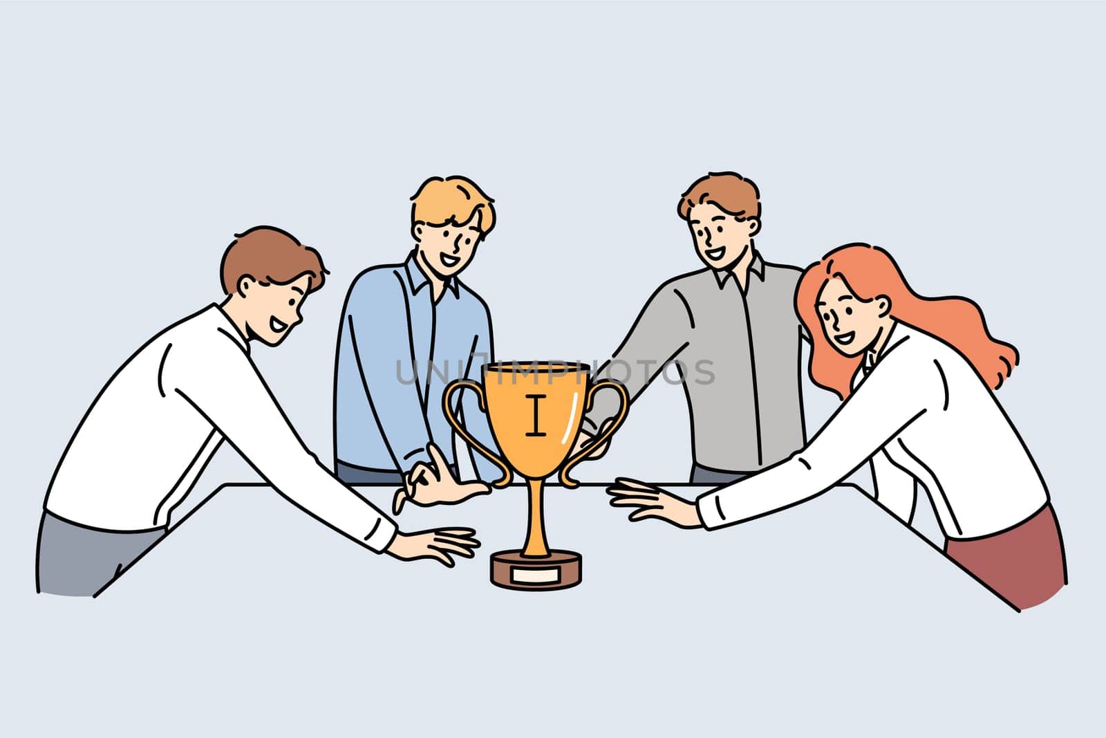 Team of business people fight for golden cup, standing around table and holding out hands to trophy. Award for first place in business contests evokes sense of competition among office employees