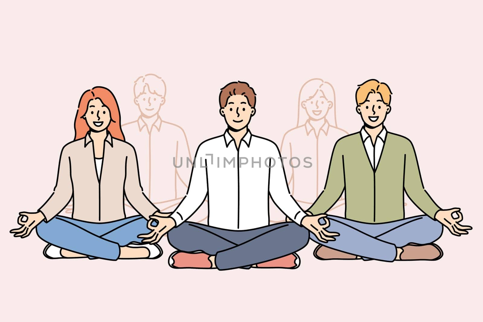 Business people meditation as team during break from work, sitting in lotus position from yoga and enjoying zen practice. Group meditation for office workers to gain strength before important meeting