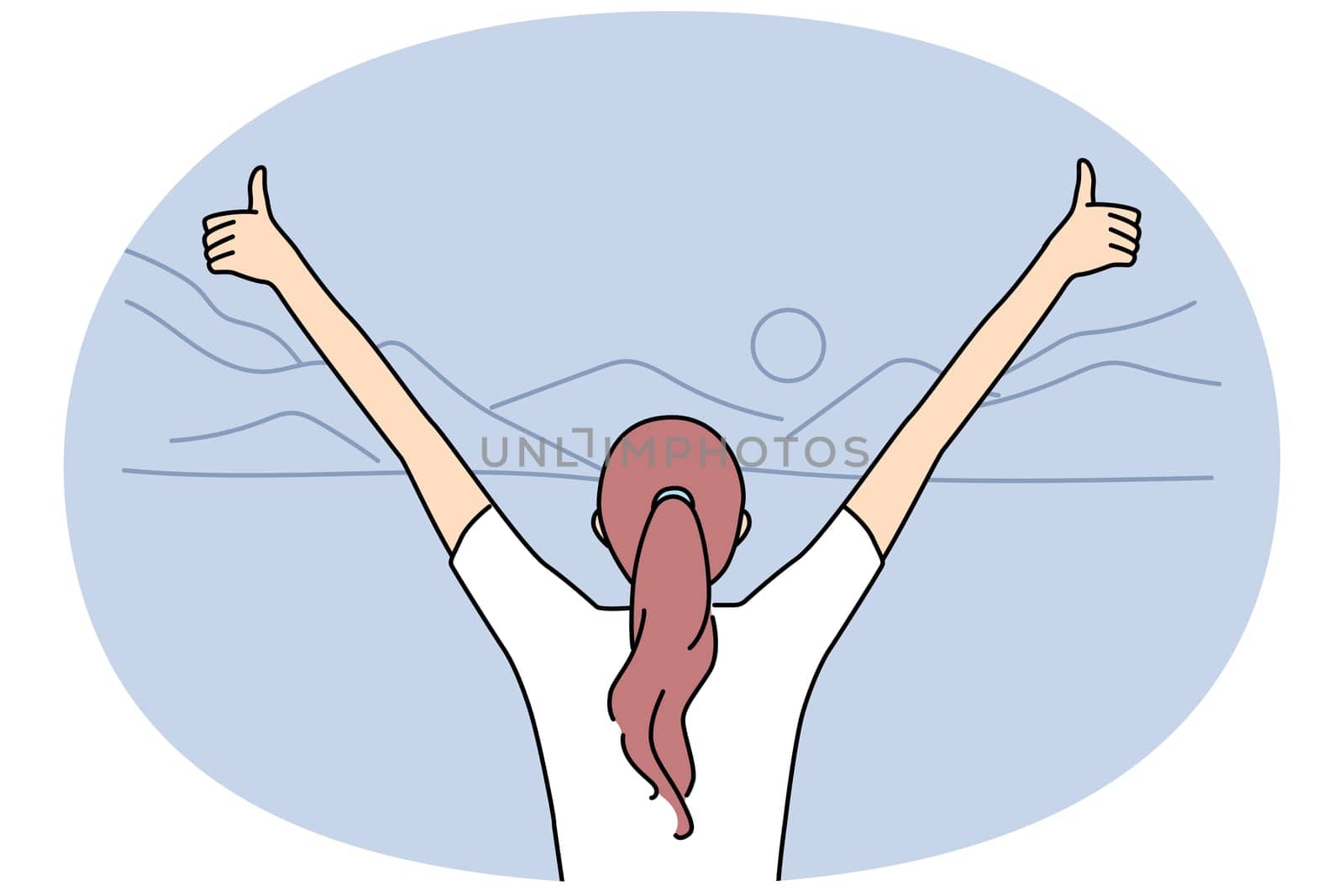 Back view of excited woman with thumbs up standing in mountains landscape enjoy life. Female with hands in air celebrate achievement or success in nature. Vector illustration.