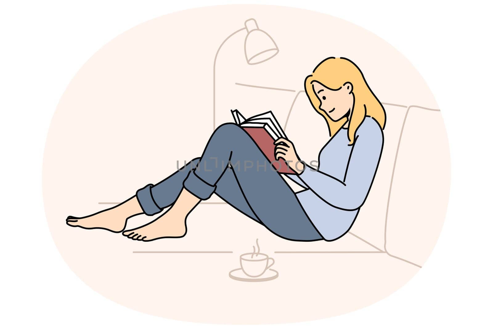 Happy woman sit on couch at home read book drink hot tea. Calm girl relax on sofa enjoy reading and coffee. Weekend relaxation. Vector illustration.