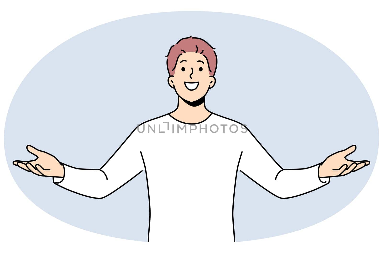 Excited man with open arms feel overjoyed enjoying success or win. Happy male celebrate victory feeling successful and fascinated. Vector illustration.