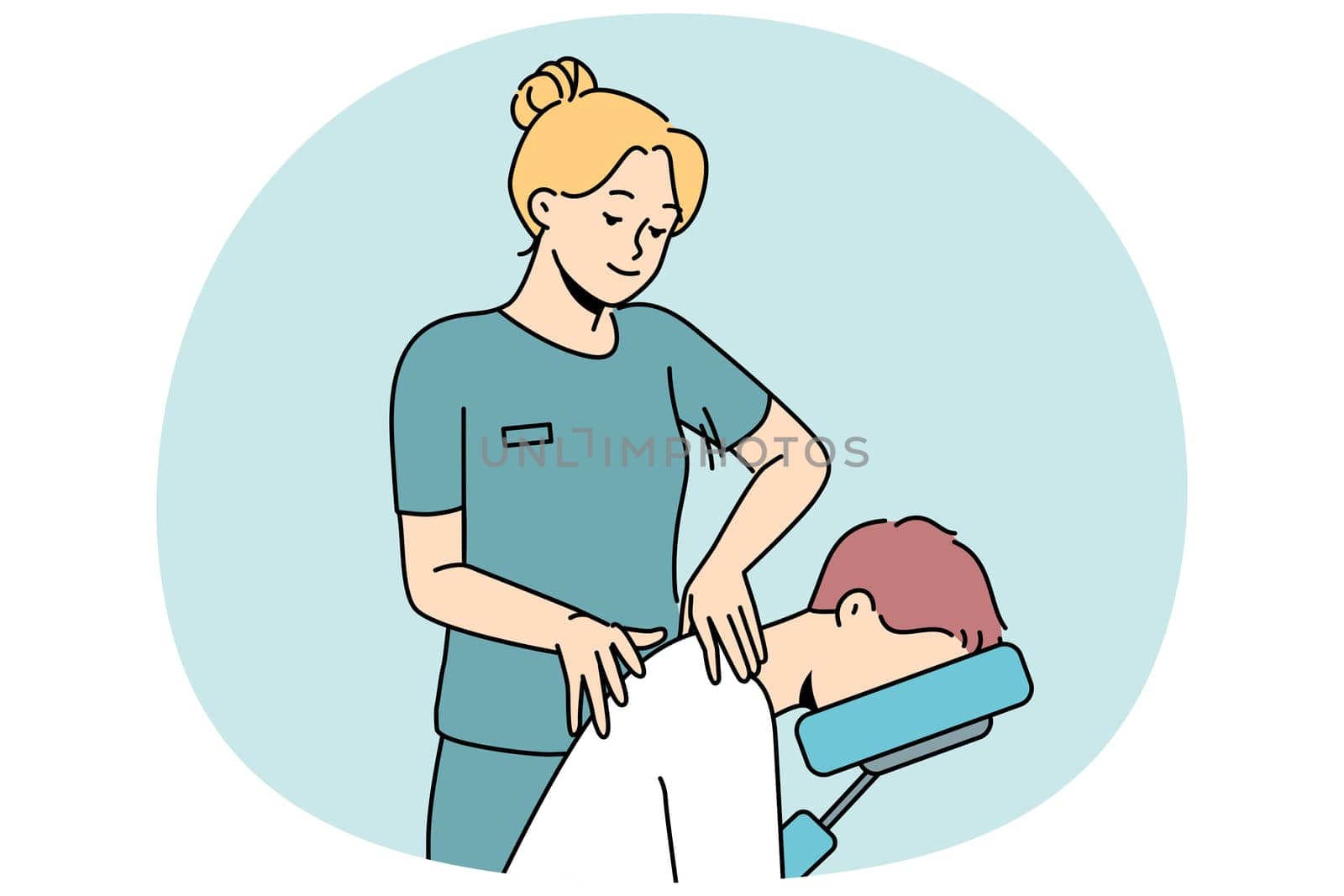 Female masseuse help patient with backache in clinic. Physiotherapist massage client in hospital. Healthcare and physiotherapy. Vector illustration.