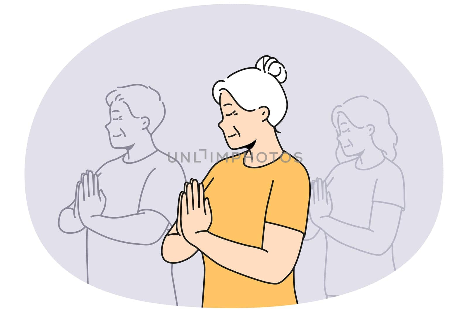 Elderly woman with prayer hands practice yoga on group classes. Happy calm old grandmother meditate follow healthy life in yoga studio. Vector illustration.