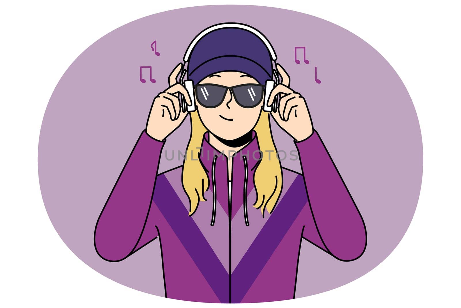 Happy woman in 90s sport jacket listen to music in headphones. Smiling girl in retro clothes enjoy sound in earphones. Vector illustration.