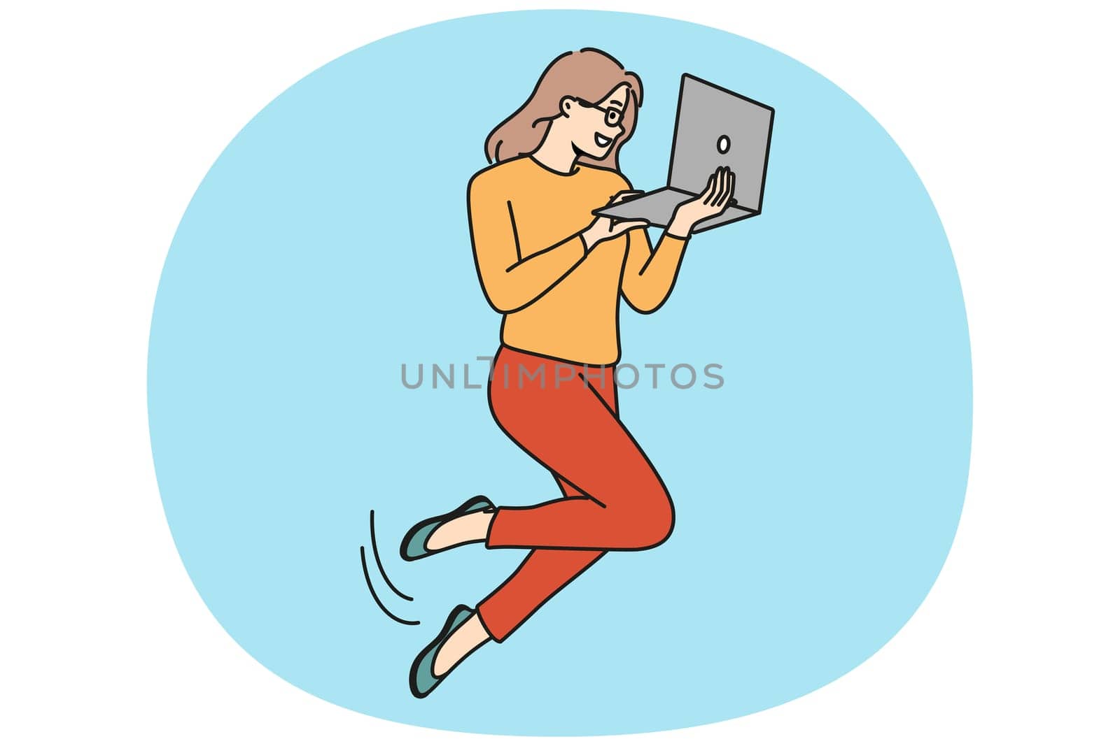 Businesswoman float in air work on computer. Smiling woman employee levitate busy with laptop job. Freelance and employment freedom. Vector illustration.