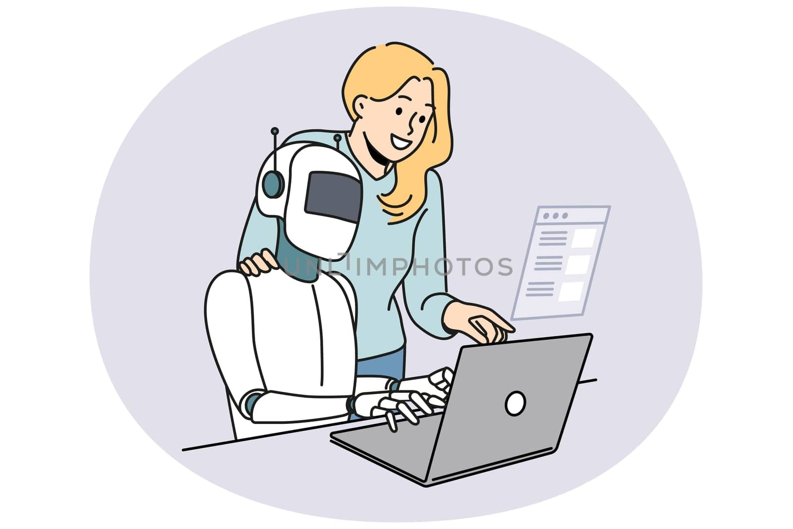 Female employee and robotic assistant work together on computer. Robot tester search program bugs and mistakes in software on laptop. QA concept. Vector illustration.