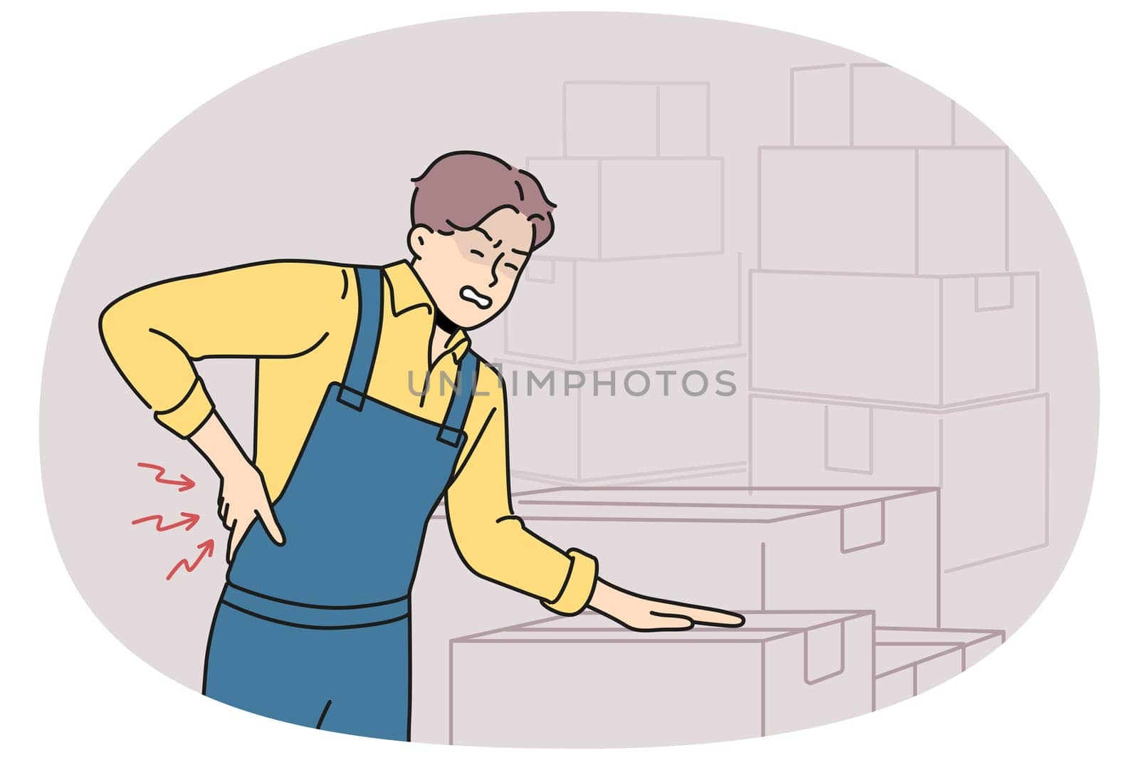 Sick man in uniform suffer from backache working in warehouse with boxes. Unhealthy male worker struggle with back pain. Vector illustration.