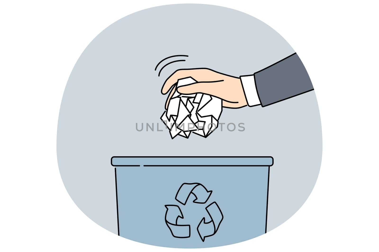 Man hand put paper in trash bin. Closeup of male throw crumpled paperwork in garbage container. Concept of recycling and waste sorting. Vector illustration.