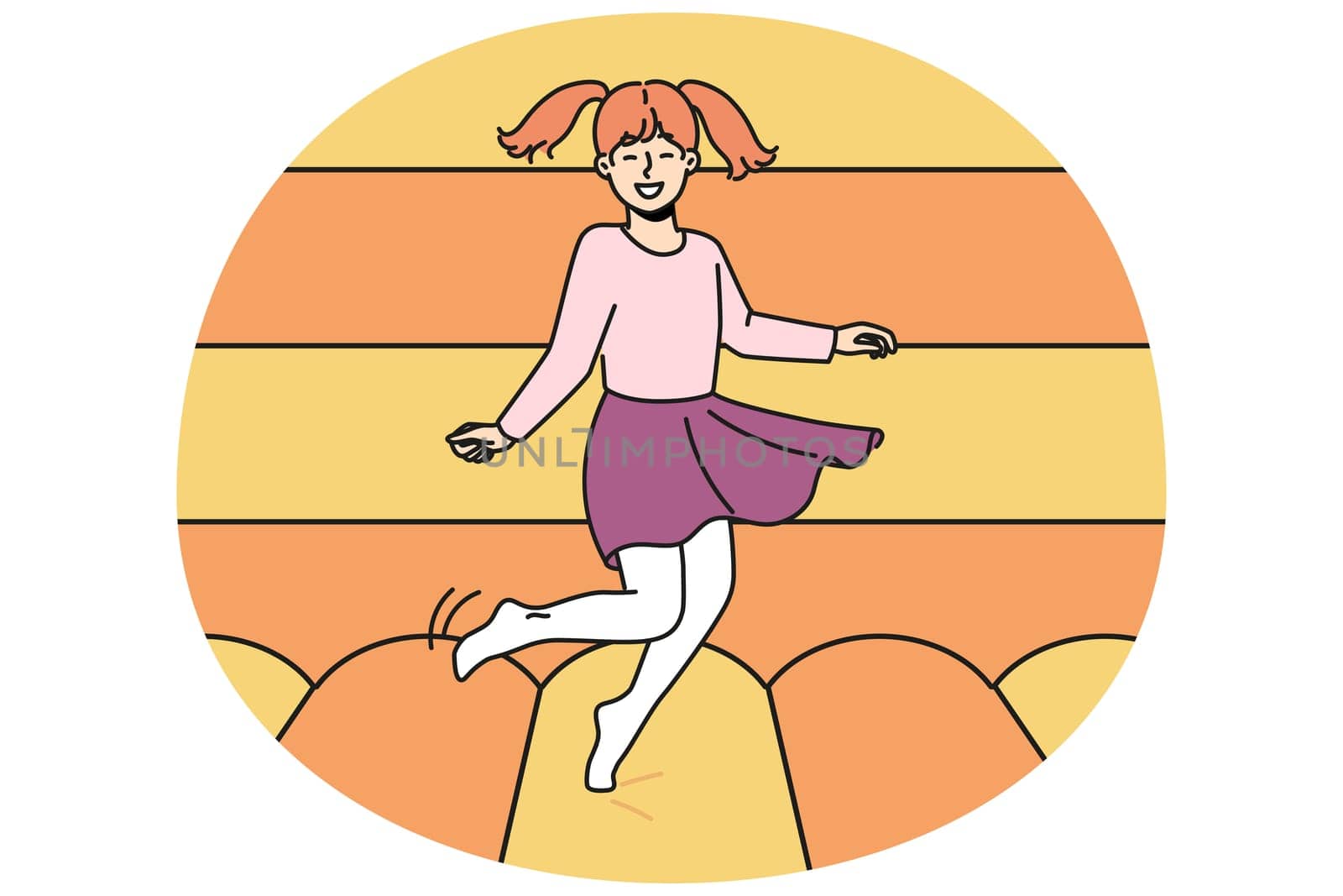 Smiling little girl child jump on trampoline. Happy kid have fun on playground, enjoy playing in inflatable castle. Vector illustration.