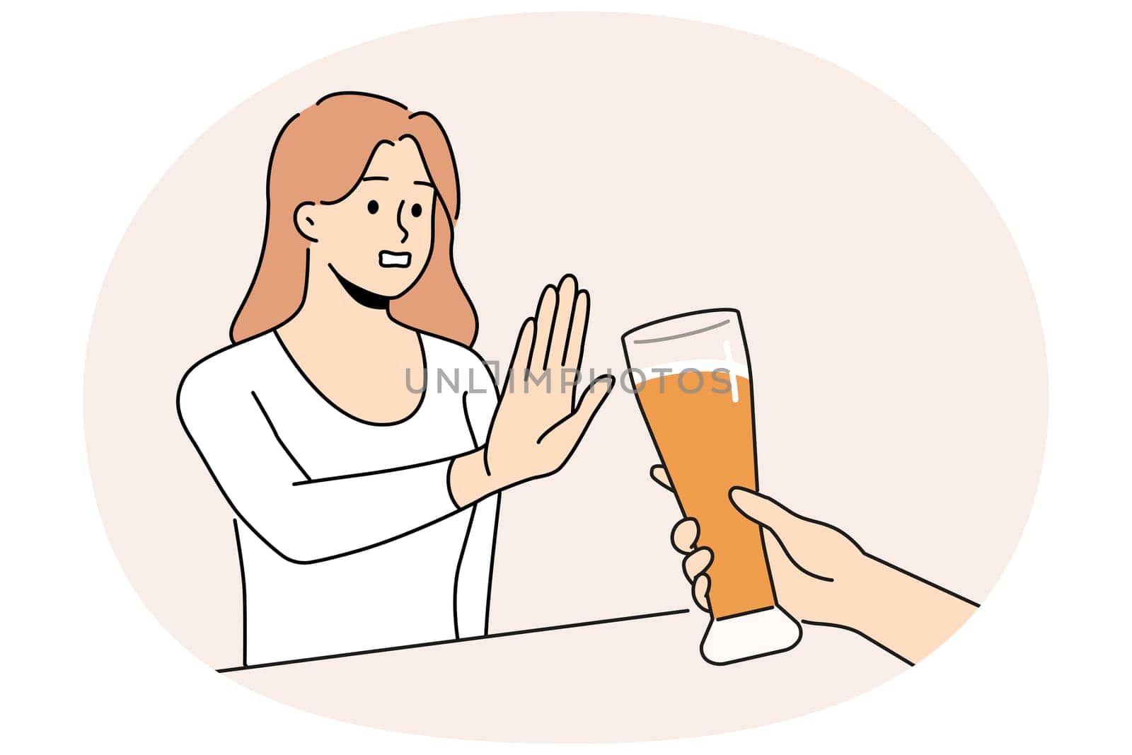 Woman refuse from extra glass of beer at bar. Decisive girl say no to alcoholic drink and excessive alcohol consumption. Addiction problem. Vector illustration.