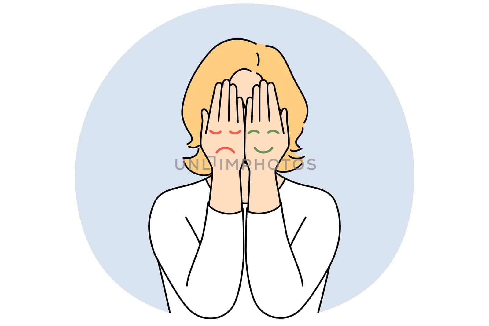 Woman cover face with hands with emojis of different mood states. Female suffer from bipolar disorder or mood swings. Psychological problem. Vector illustration.