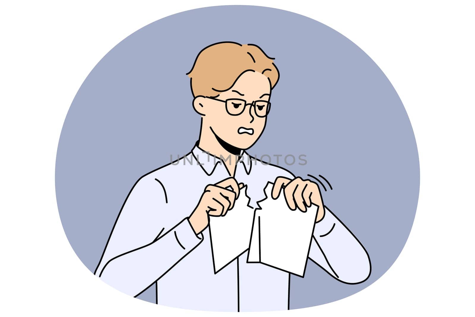 Angry businessman tear paper document distressed with business failure. Stressed male employee rip paperwork frustrated with crisis. Vector illustration.