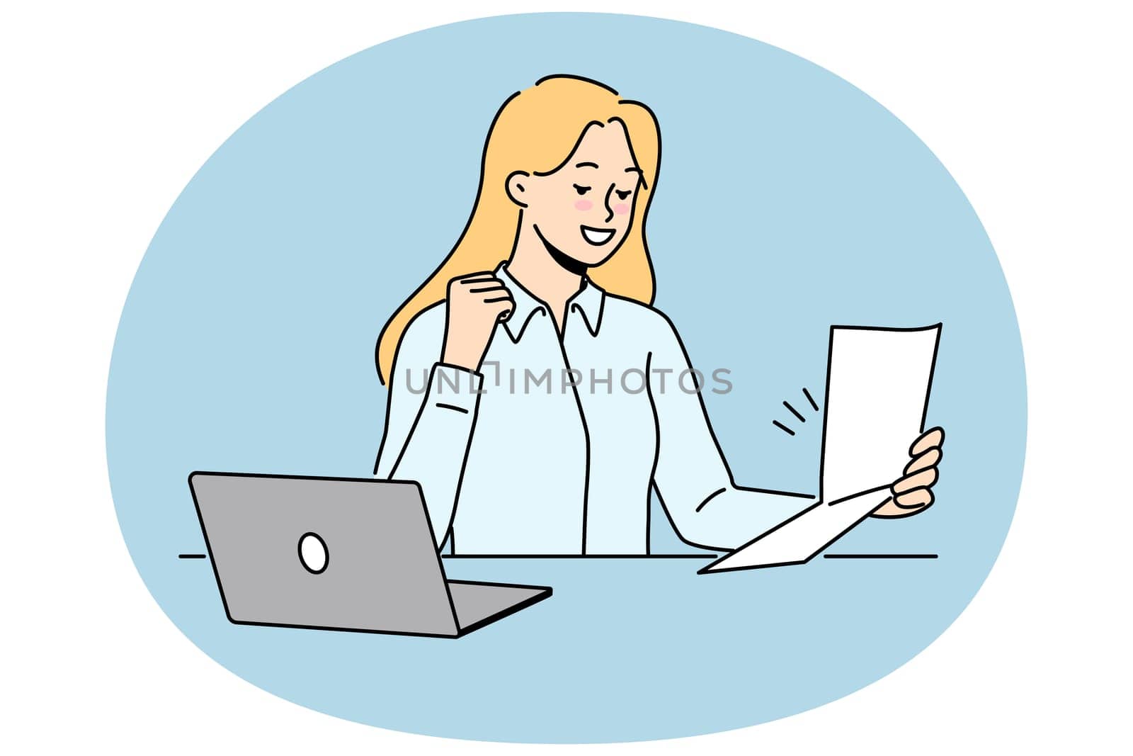 Excited woman sit at desk work on computer read good news in paper letter. Smiling female employee triumph with great message in paperwork correspondence. Vector illustration.